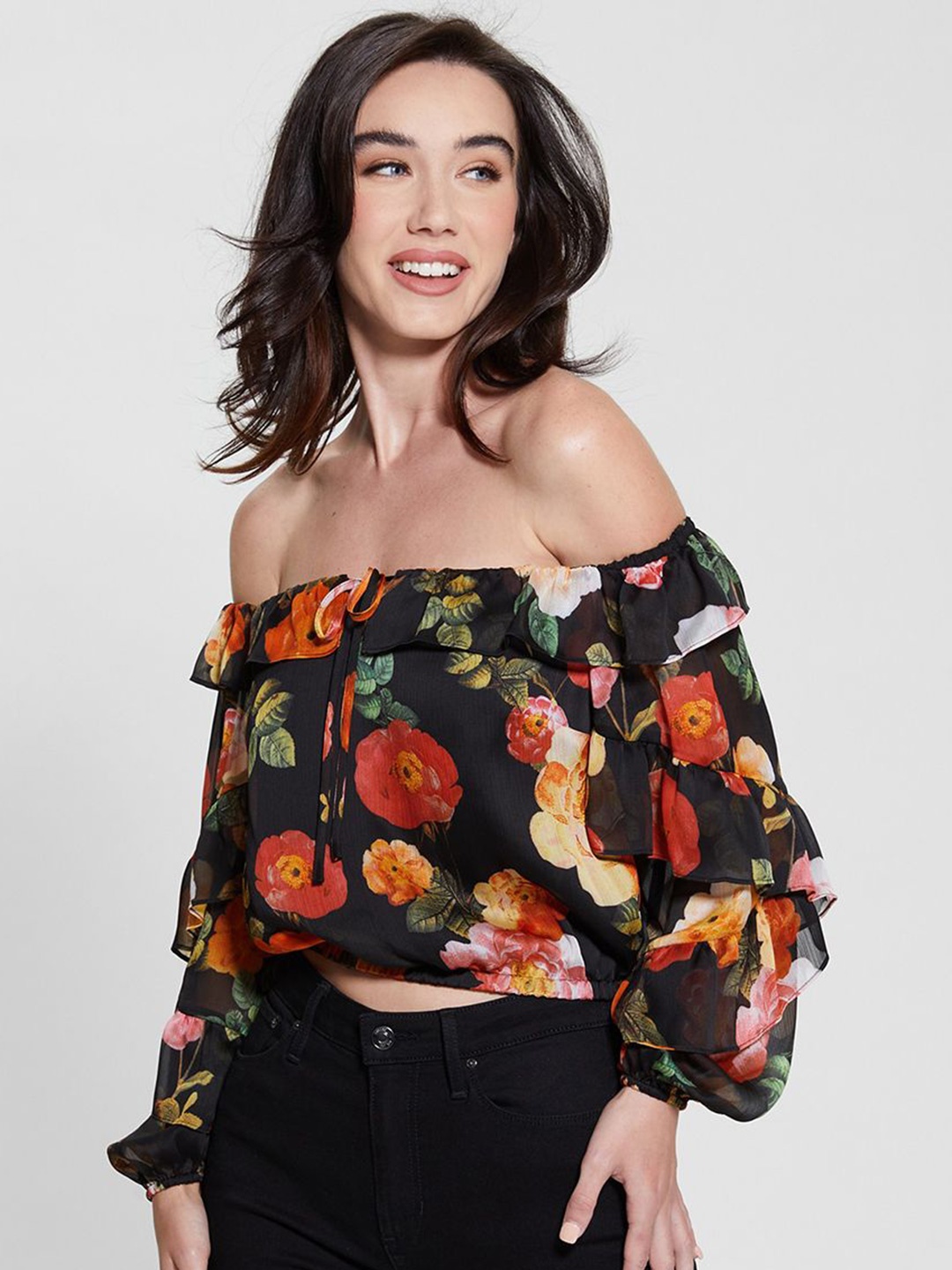 

GUESS Floral Printed Off-Shoulder Bardot Crop Top, Black