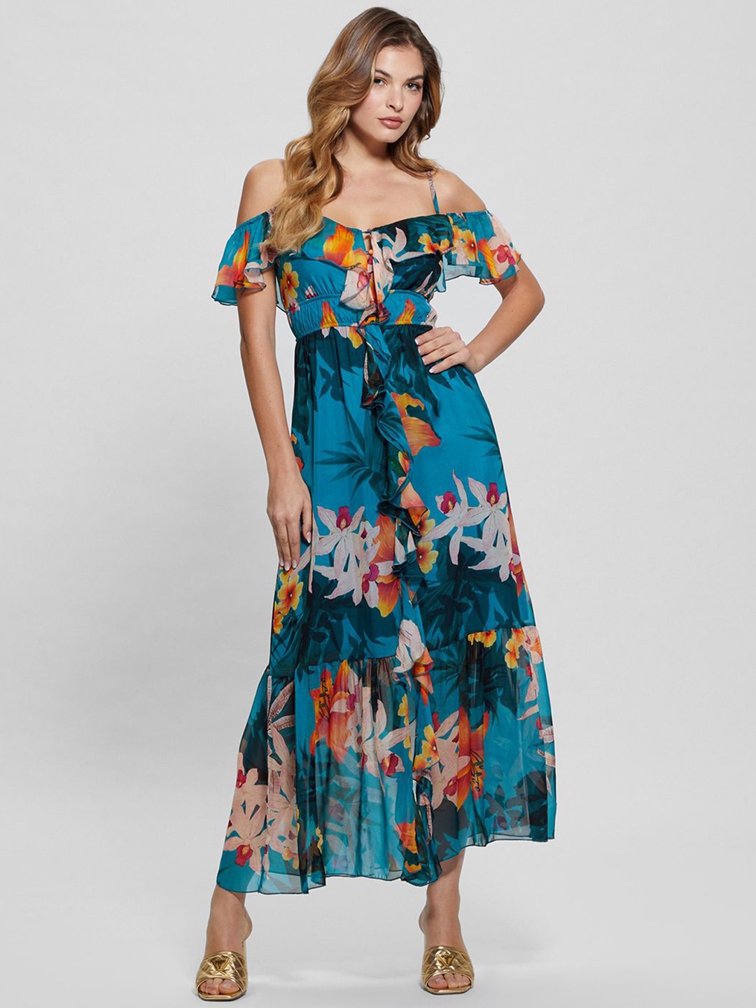 

GUESS Floral Print Shoulder Straps Cold-Shoulder Fit & Flare Maxi Dress, Blue