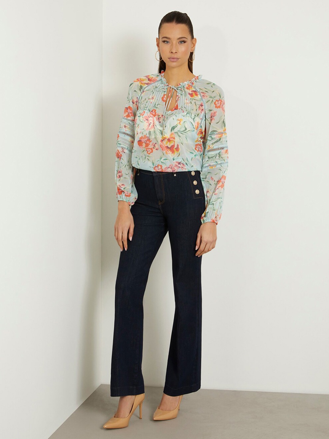

GUESS Floral Printed Puff Sleeves Tie-Up Neck Top, Green