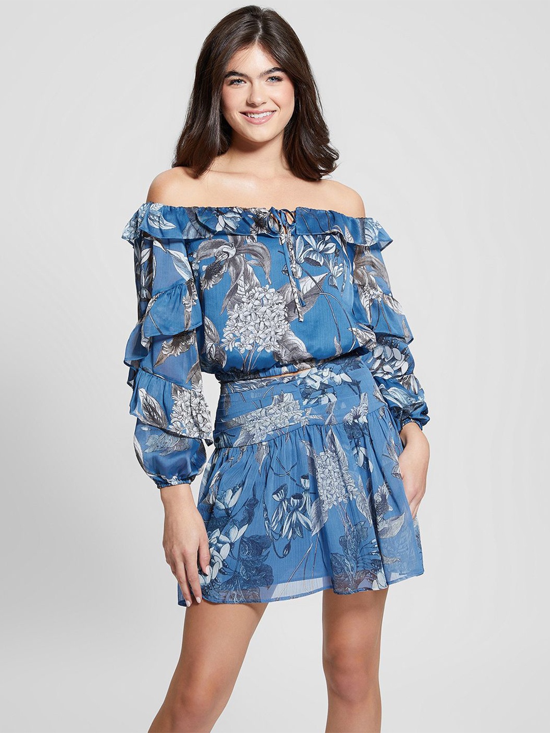 

GUESS Floral Printed Off-Shoulder Puff Sleeve Bardot Top, Blue