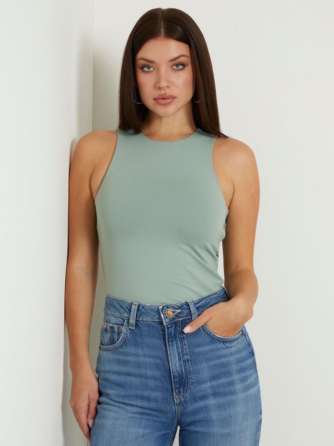 

GUESS Solid Round Neck Styled Back Top, Green