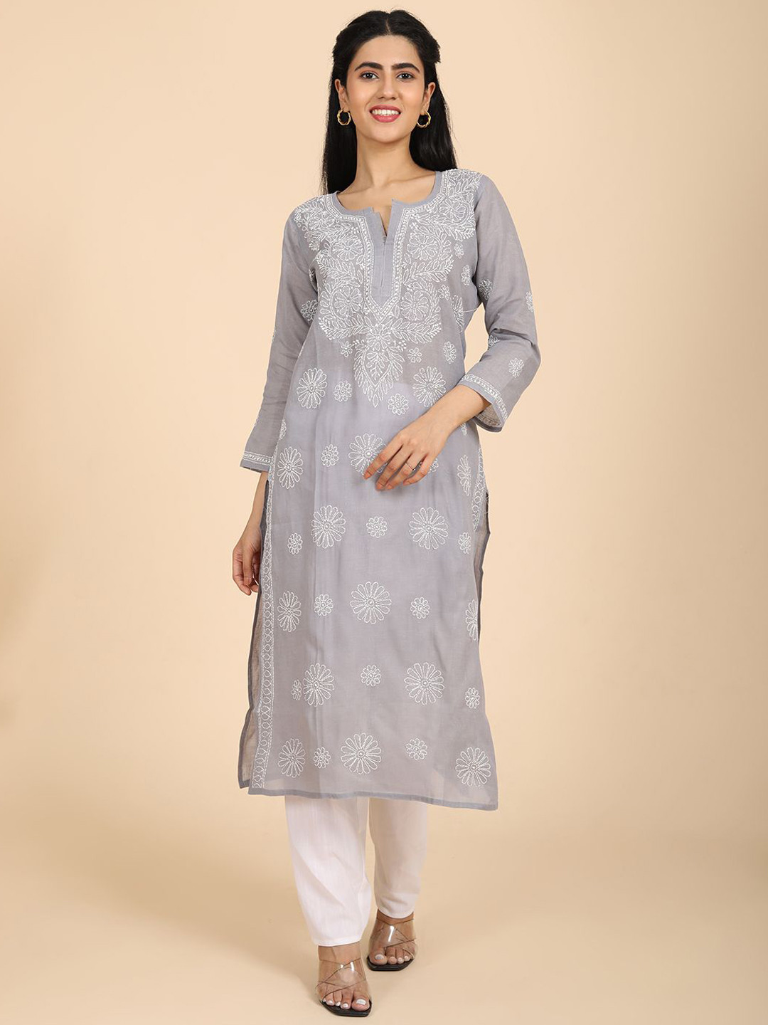

HELLA FASHIONS Floral Embroidered Round Neck Chikankari Cotton Straight Kurta, Grey