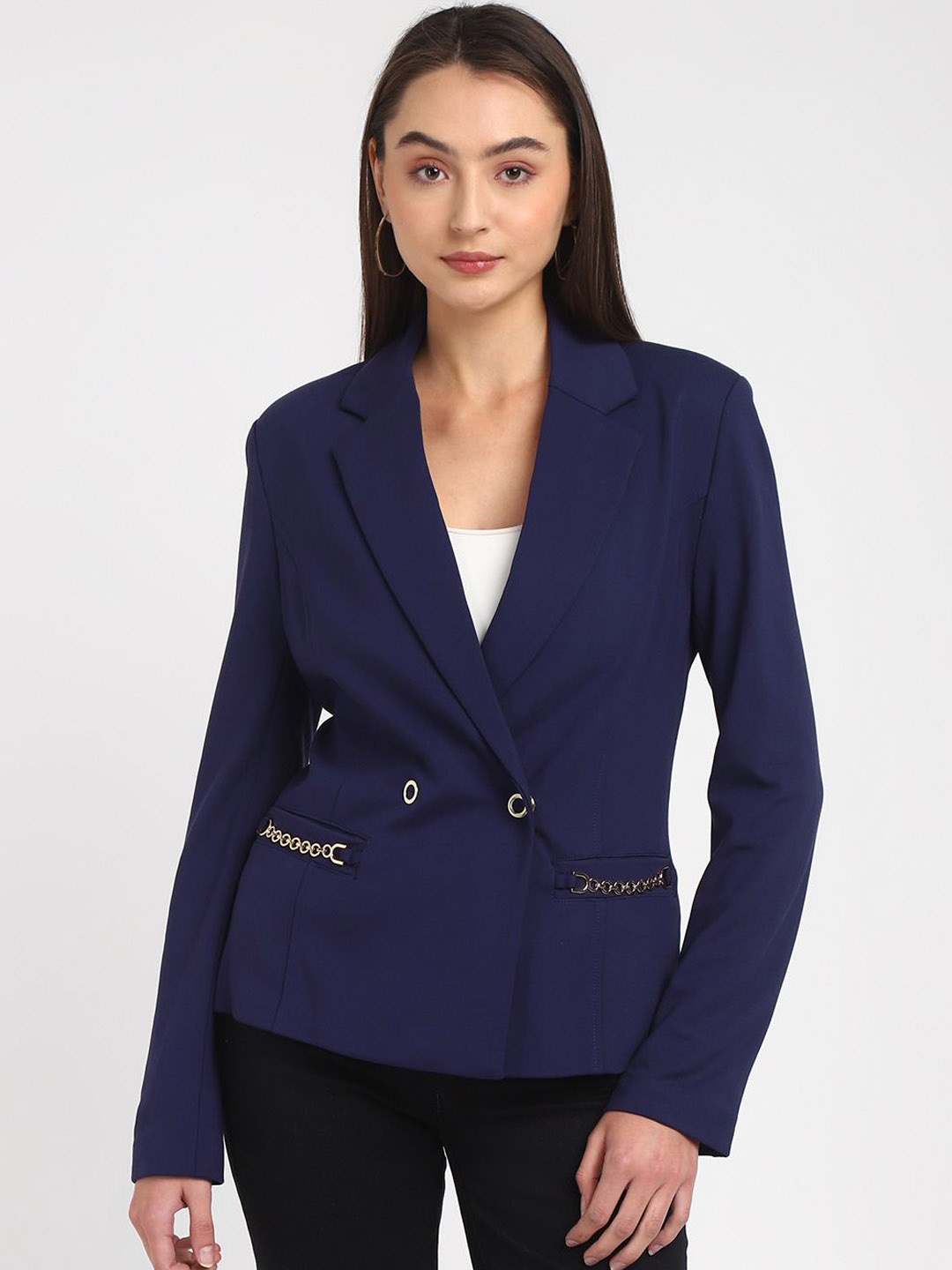 

GUESS Notched Lapel Collar Double Breasted Casual Blazer, Blue