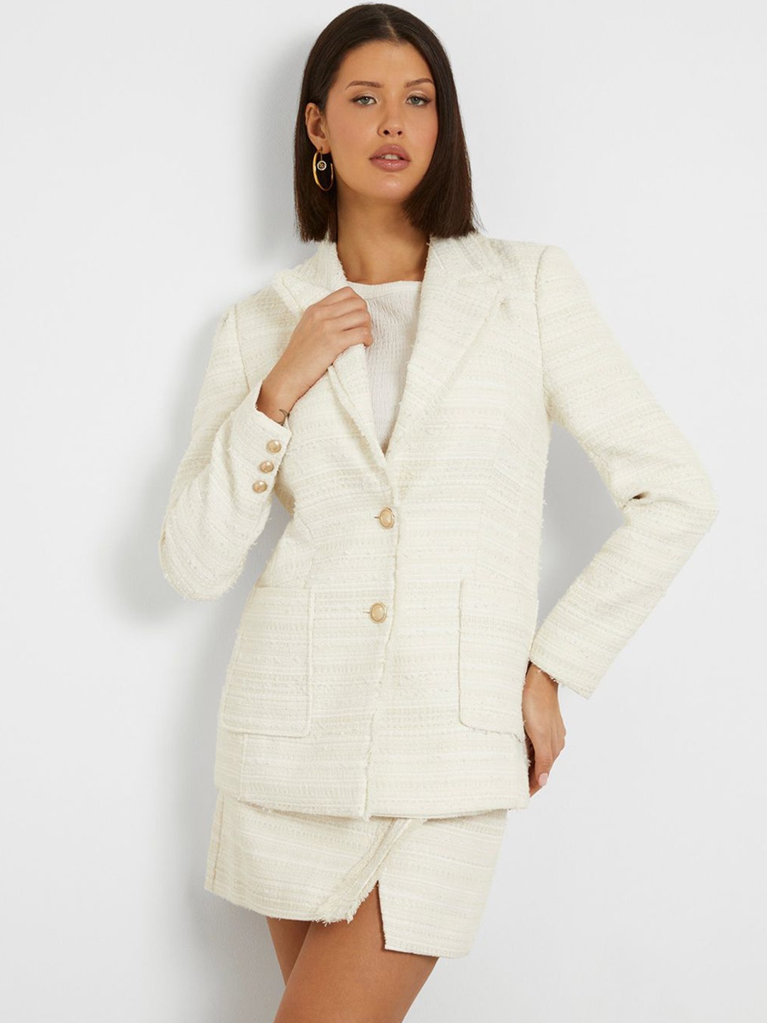 

GUESS Self-Designed Notched Lapel Collar Single-Breasted Casual Blazer, Off white
