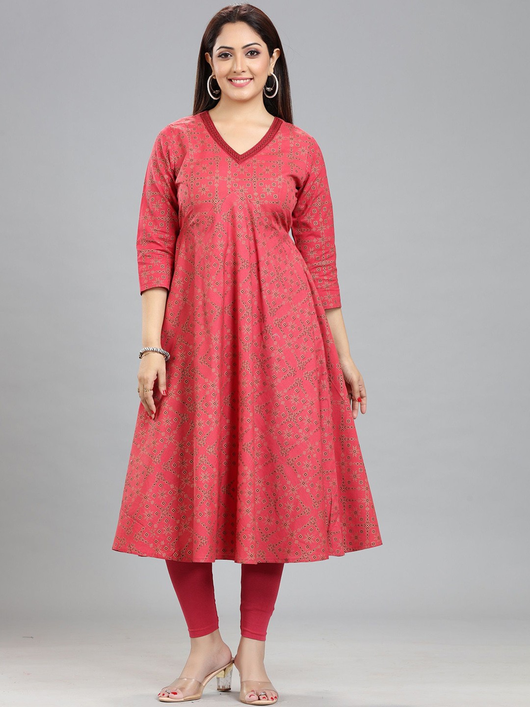 

COTTON CULTURE Women Ethnic Motifs Chikankari Anarkali Kurta, Coral