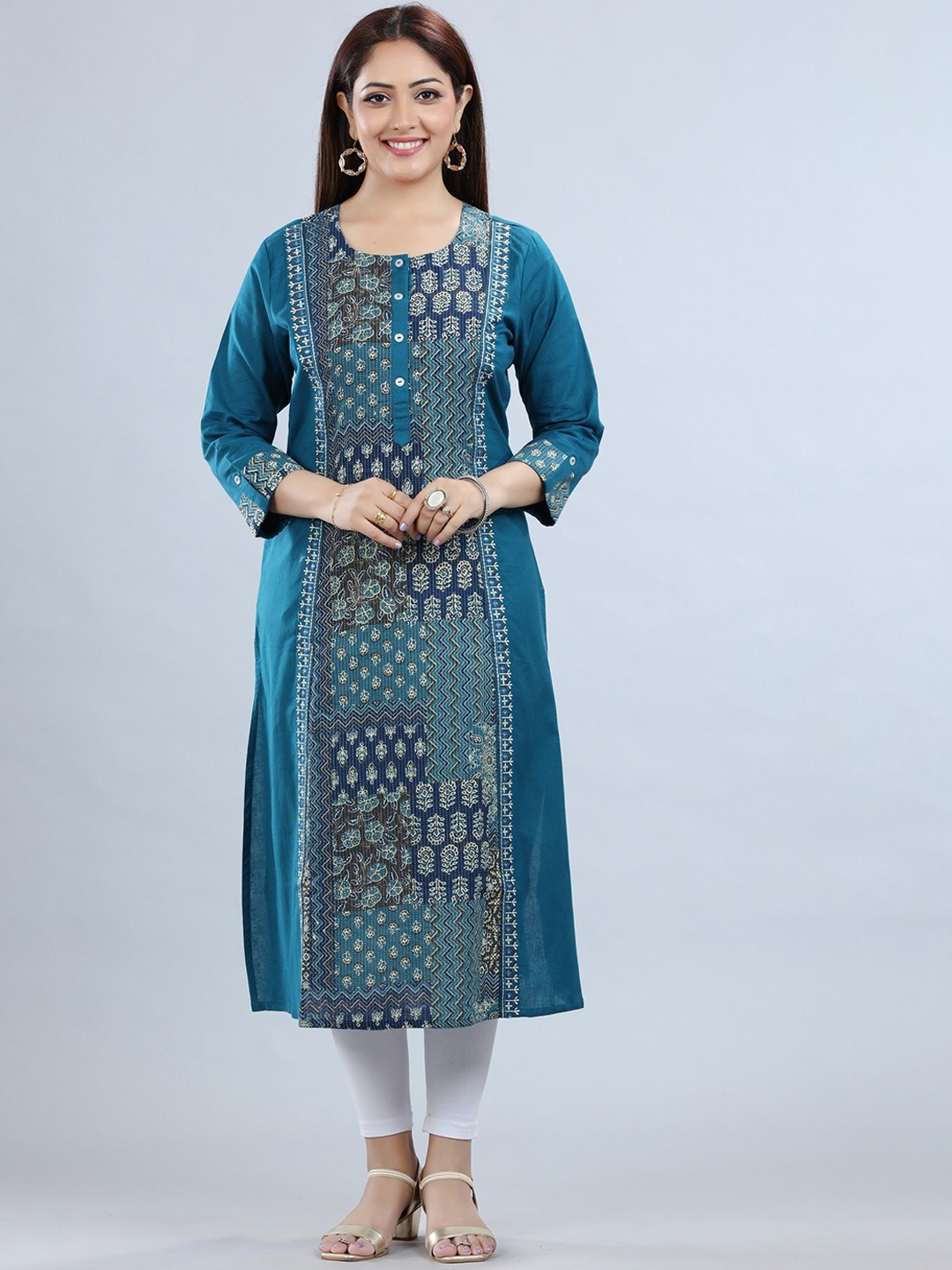 

COTTON CULTURE Floral Printed Round Neck Cotton Straight Kurta, Navy blue