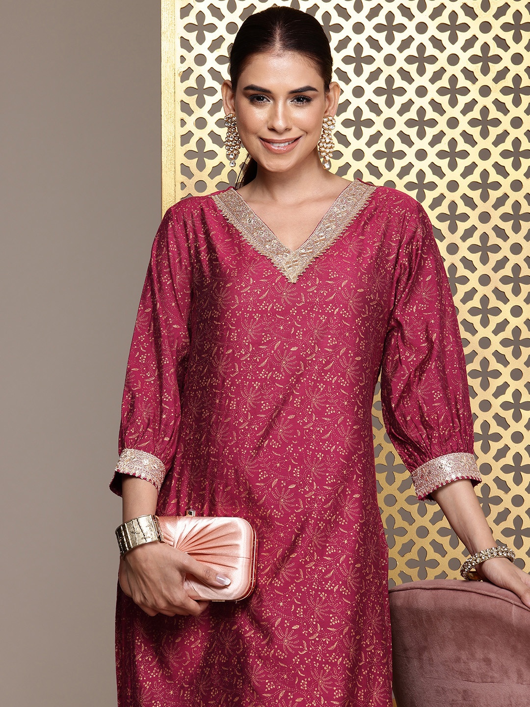 

House of Pataudi Women Floral Printed Regular Jashn Kurta with Palazzos, Maroon
