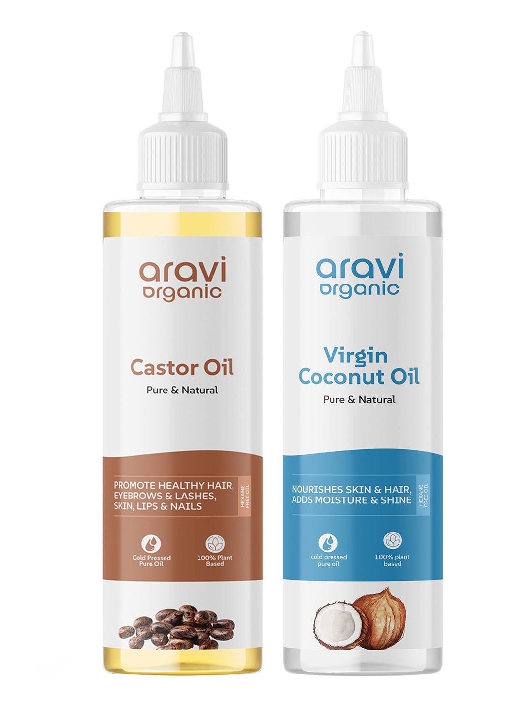 

Aravi Organic Set of 100% Pure Cold Pressed Coconut & Castor Hair Oil for Hair & Skin Care, Transparent