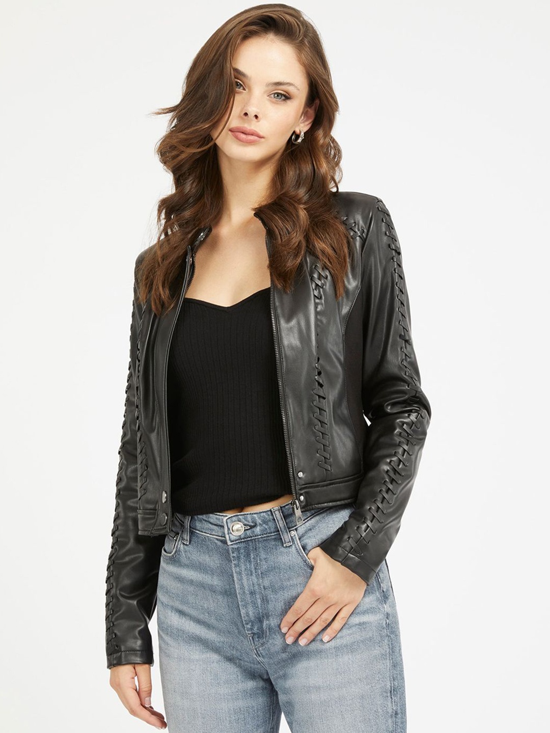 

GUESS Women Solid Crop Biker Jacket, Black