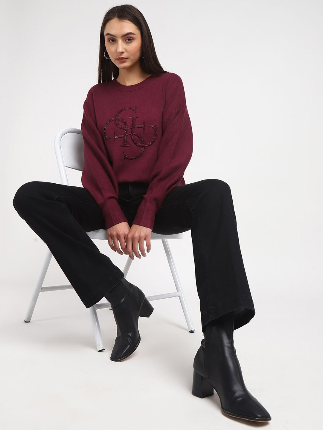 

GUESS Women Embellished Pullover Sweater, Maroon