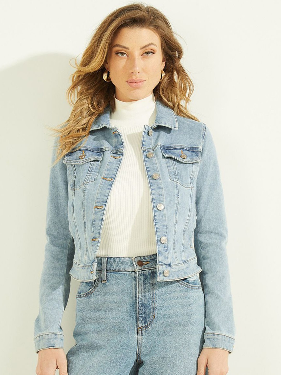 

GUESS Women Washed Solid Crop Denim Jacket, Blue