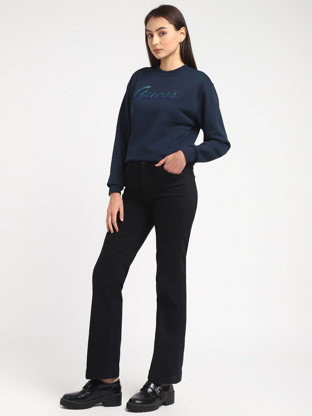 

GUESS Women Solid Embellished Round Neck Sweatshirt, Navy blue