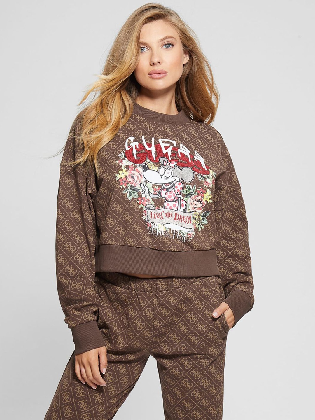 

GUESS Women Graphic Printed Round Neck Crop Sweatshirt, Brown