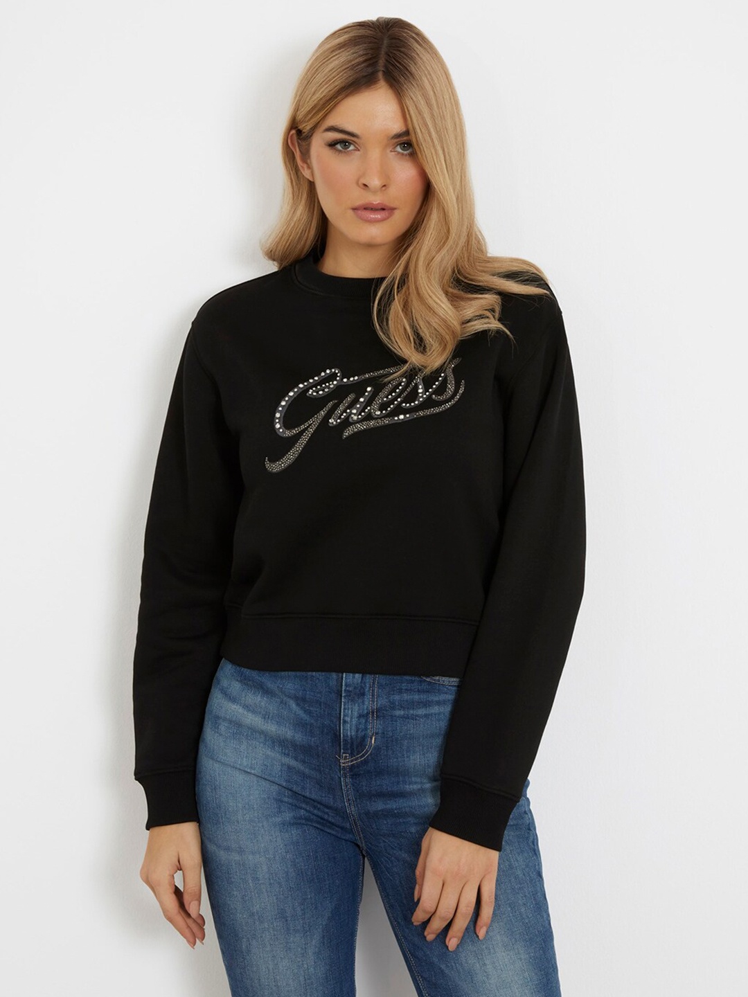 

GUESS Women Solid Embellished Round Neck Sweatshirt, Black
