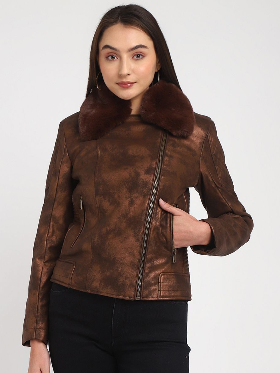 

GUESS Women Abstract Printed Faux Fur Trim Biker Jacket, Brown