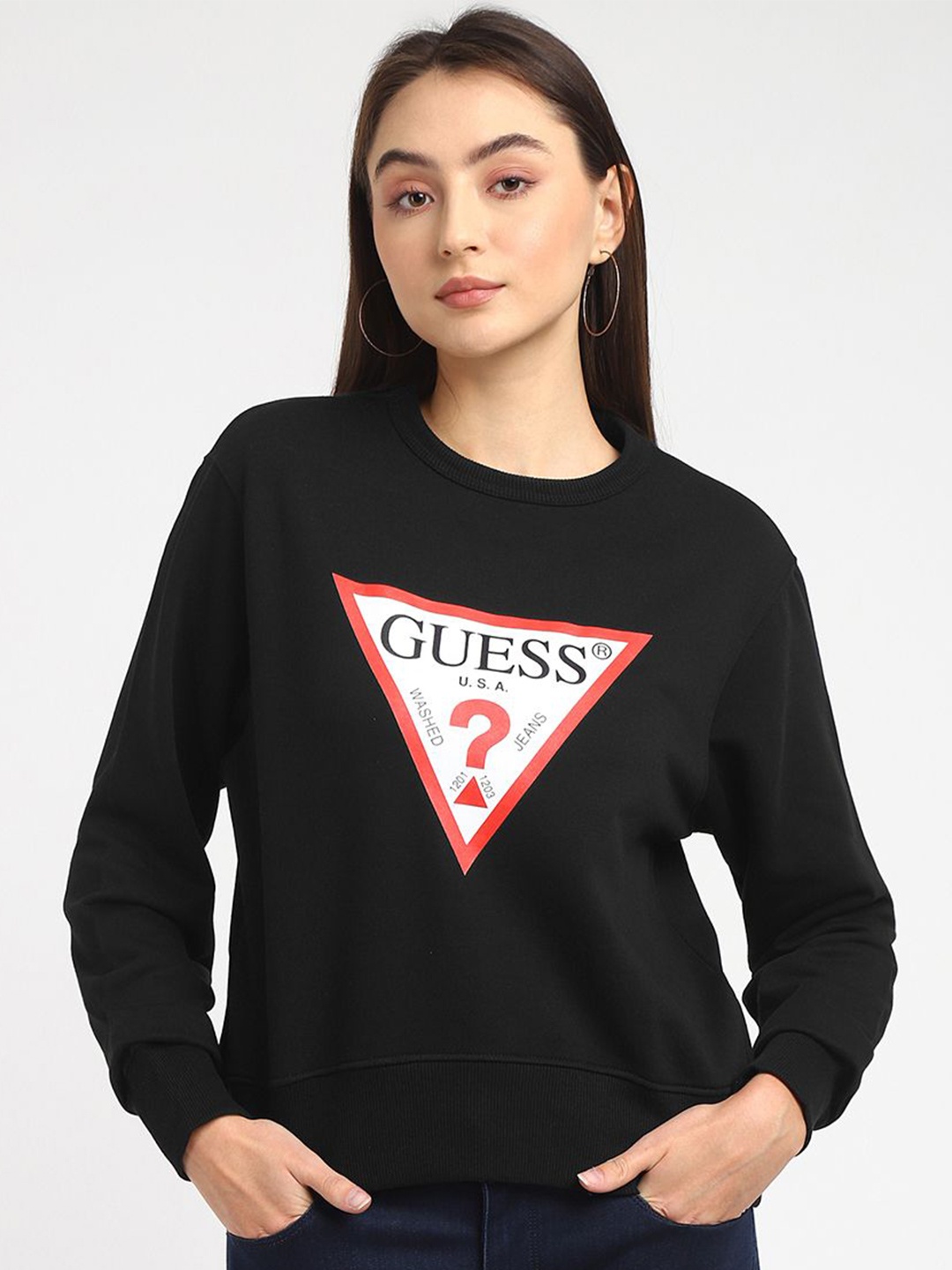 

GUESS Women Solid Round Neck Sweatshirt, Black