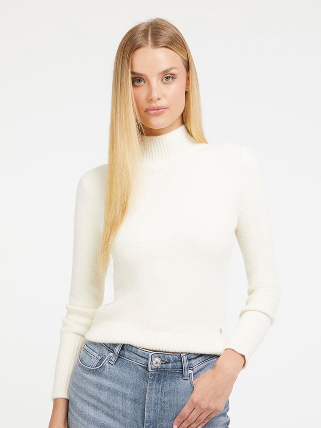 

GUESS Women Solid Mock Collar Sweater, Cream
