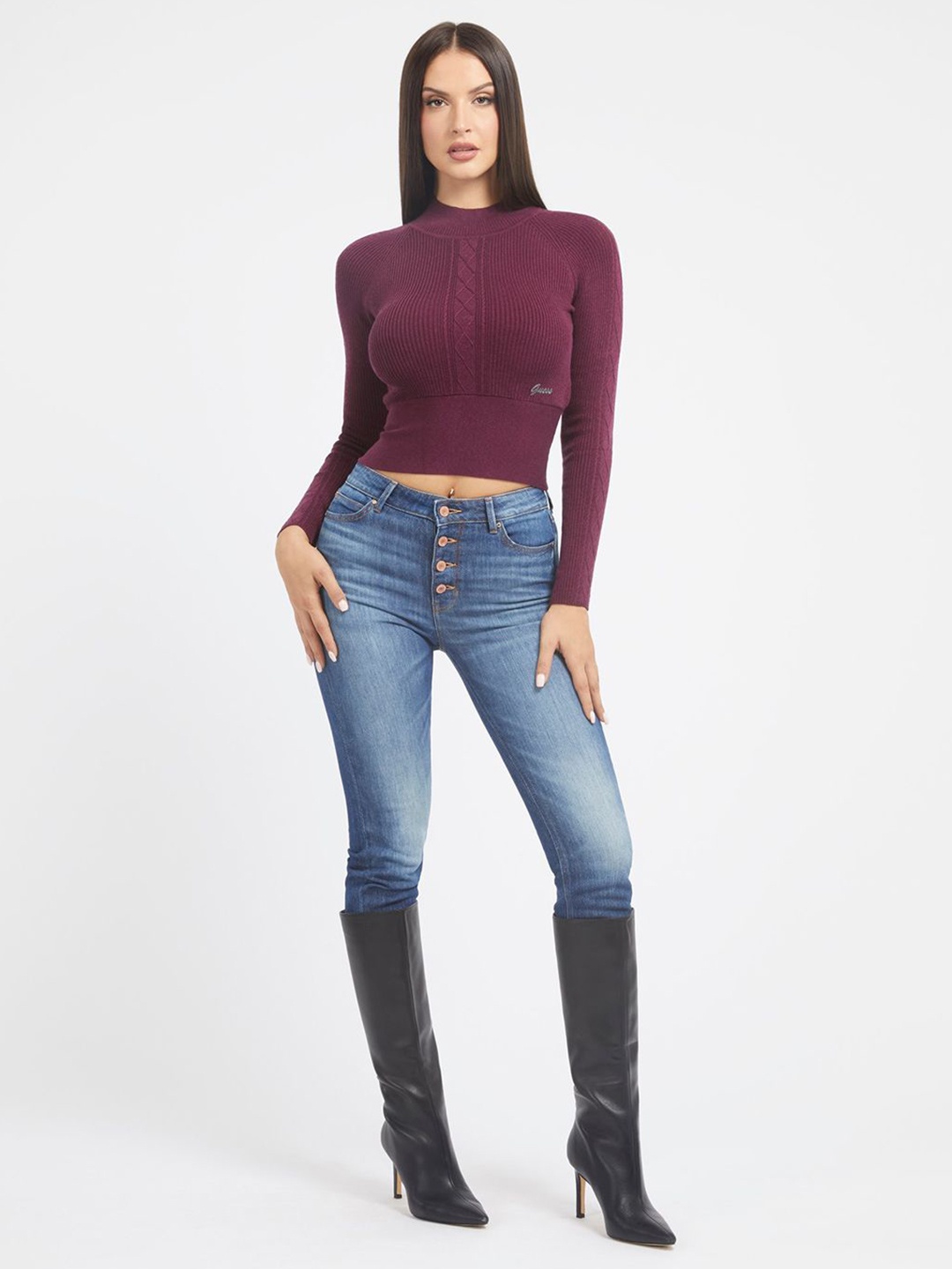

GUESS Women Ribbed Crop Pullover Sweater, Purple