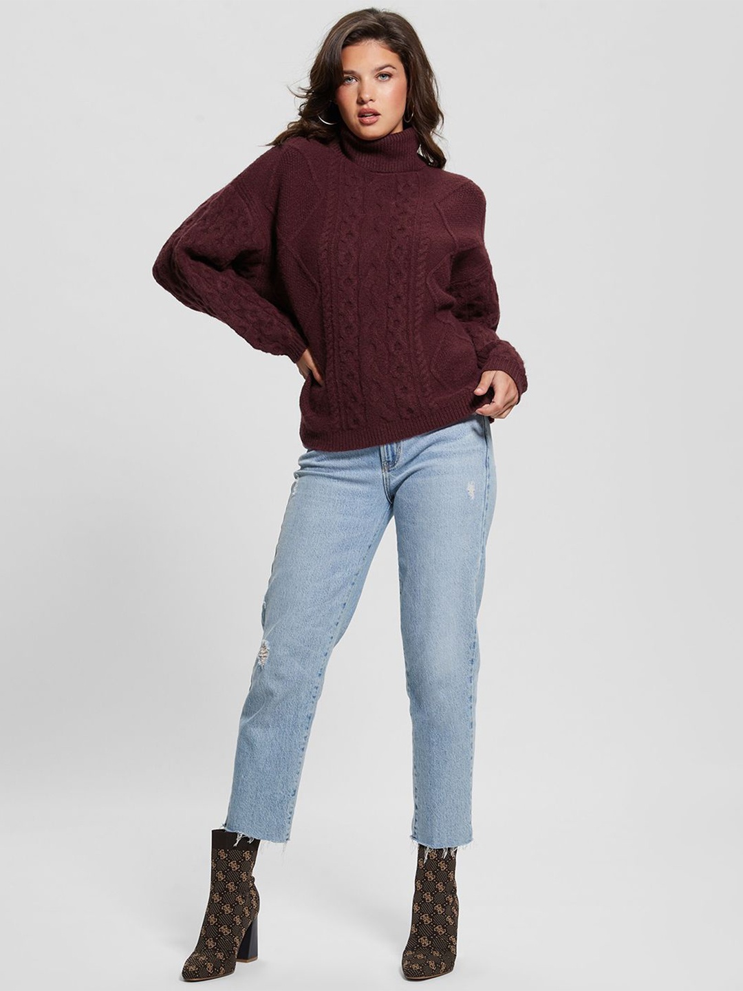 

GUESS Women Turtle Neck Cable Knit Sweater, Burgundy