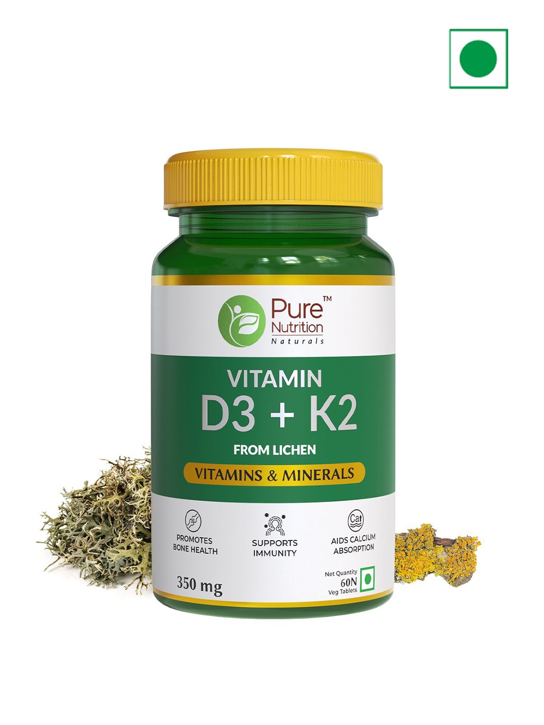 

Pure Nutrition Vitamin D3-K2 Supplement For Strong Bones & Joint - 60 Tablets, Green