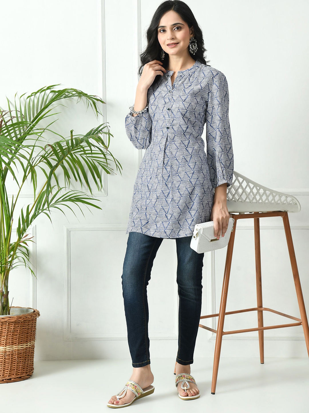 

MEESAN Mandarin Collar Printed Tunic, Blue