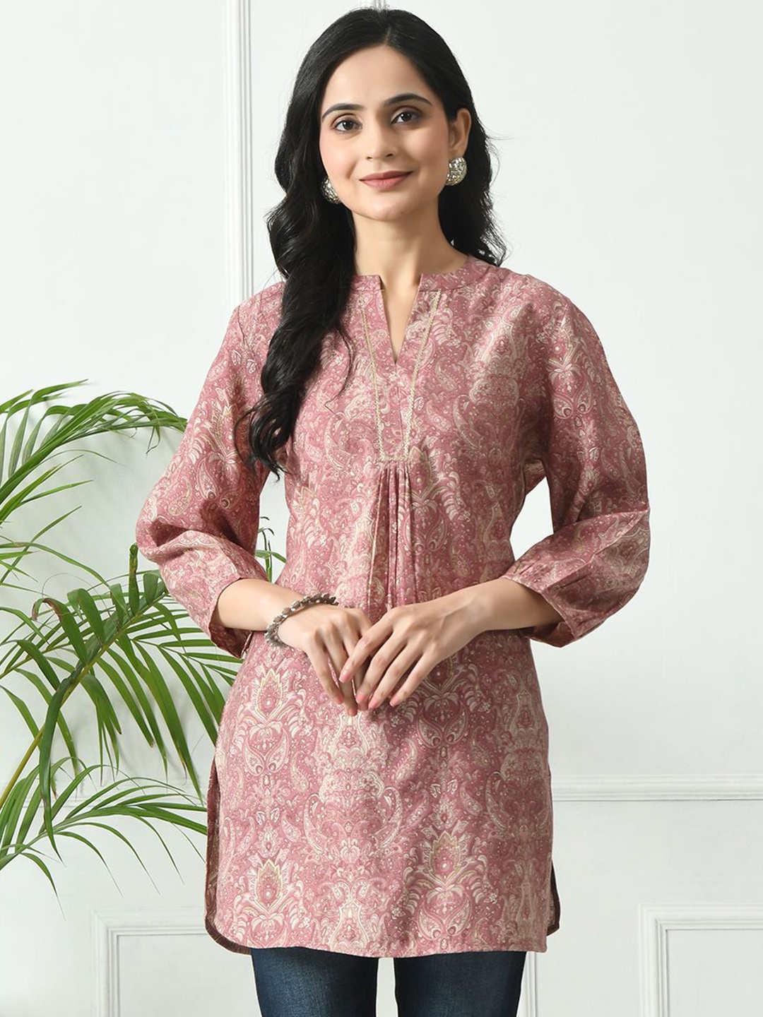 

MEESAN Modal Mandarin Collar Printed Tunic, Pink
