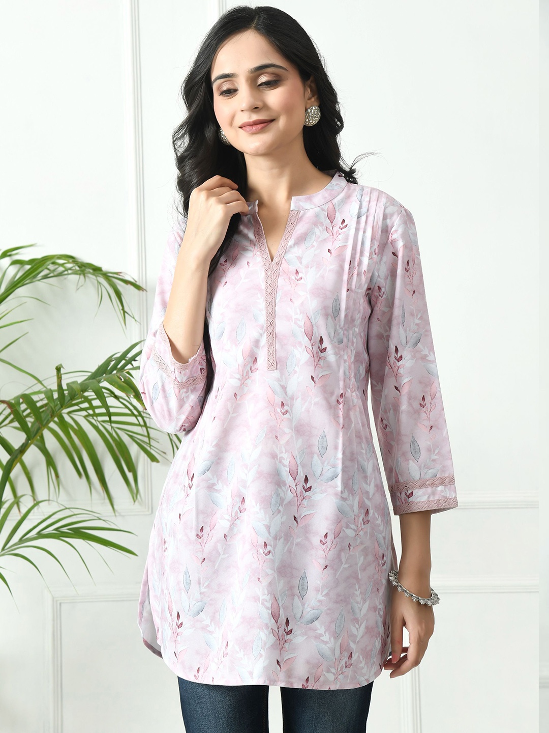 

MEESAN Mandarin Collar Printed Tunic, Pink