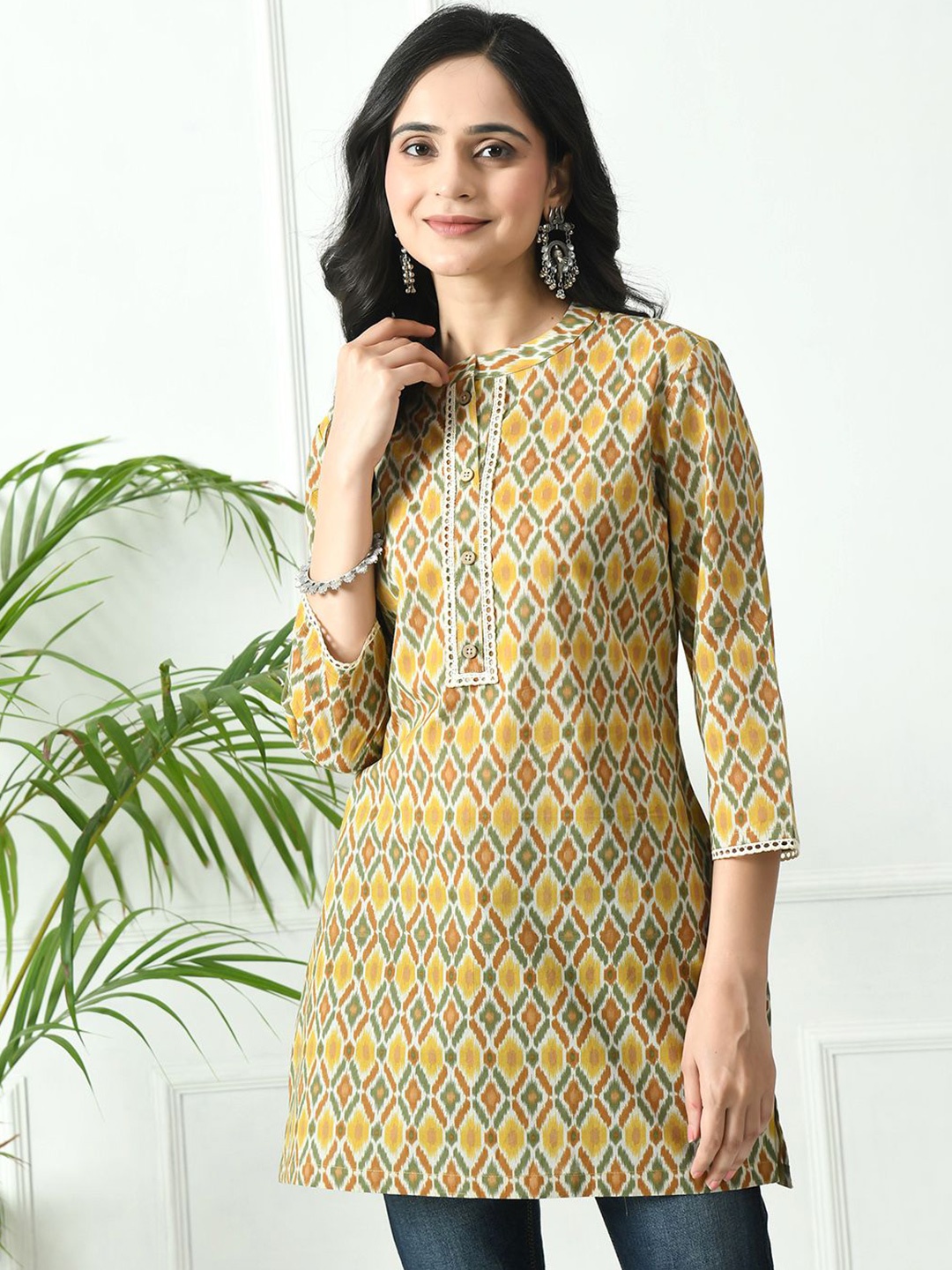 

MEESAN Mandarin Collar Printed Tunic, Mustard