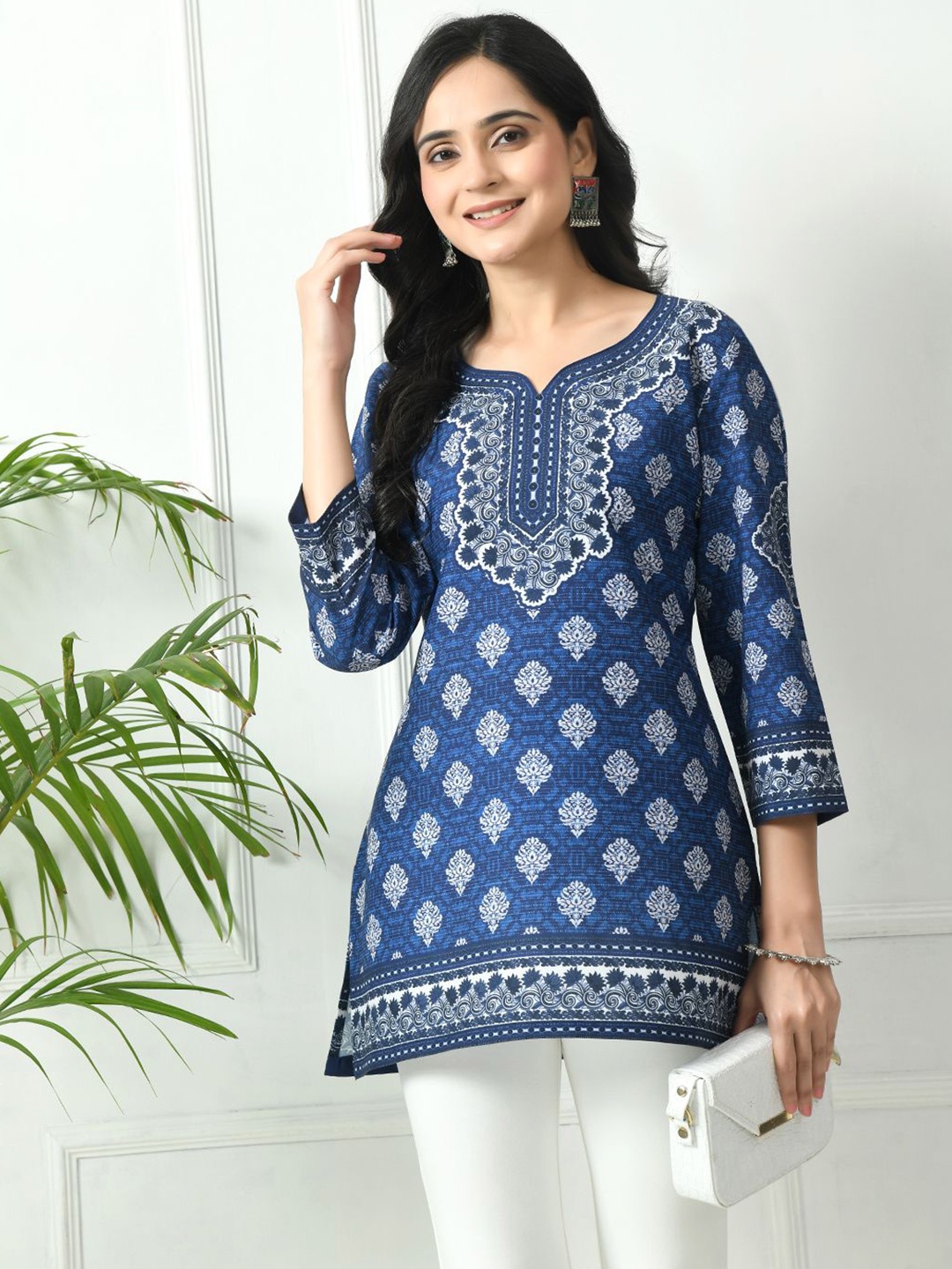 

MEESAN Ethnic Motifs Printed Round Neck Kurti, Blue