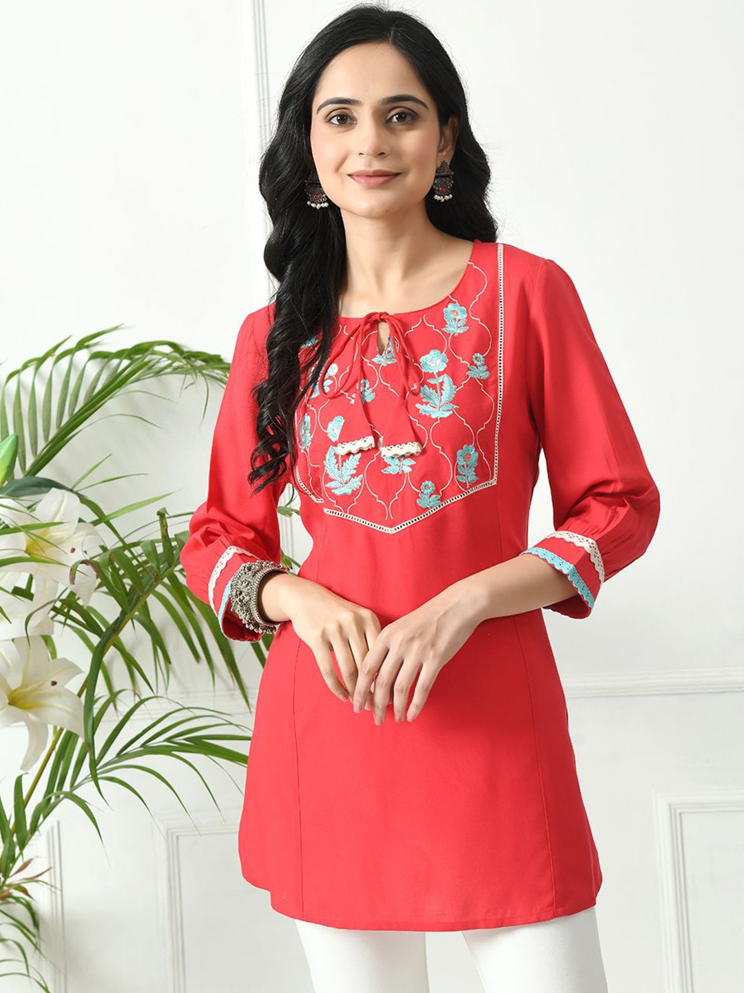 

MEESAN Ethnic Motifs Printed Tunic, Coral