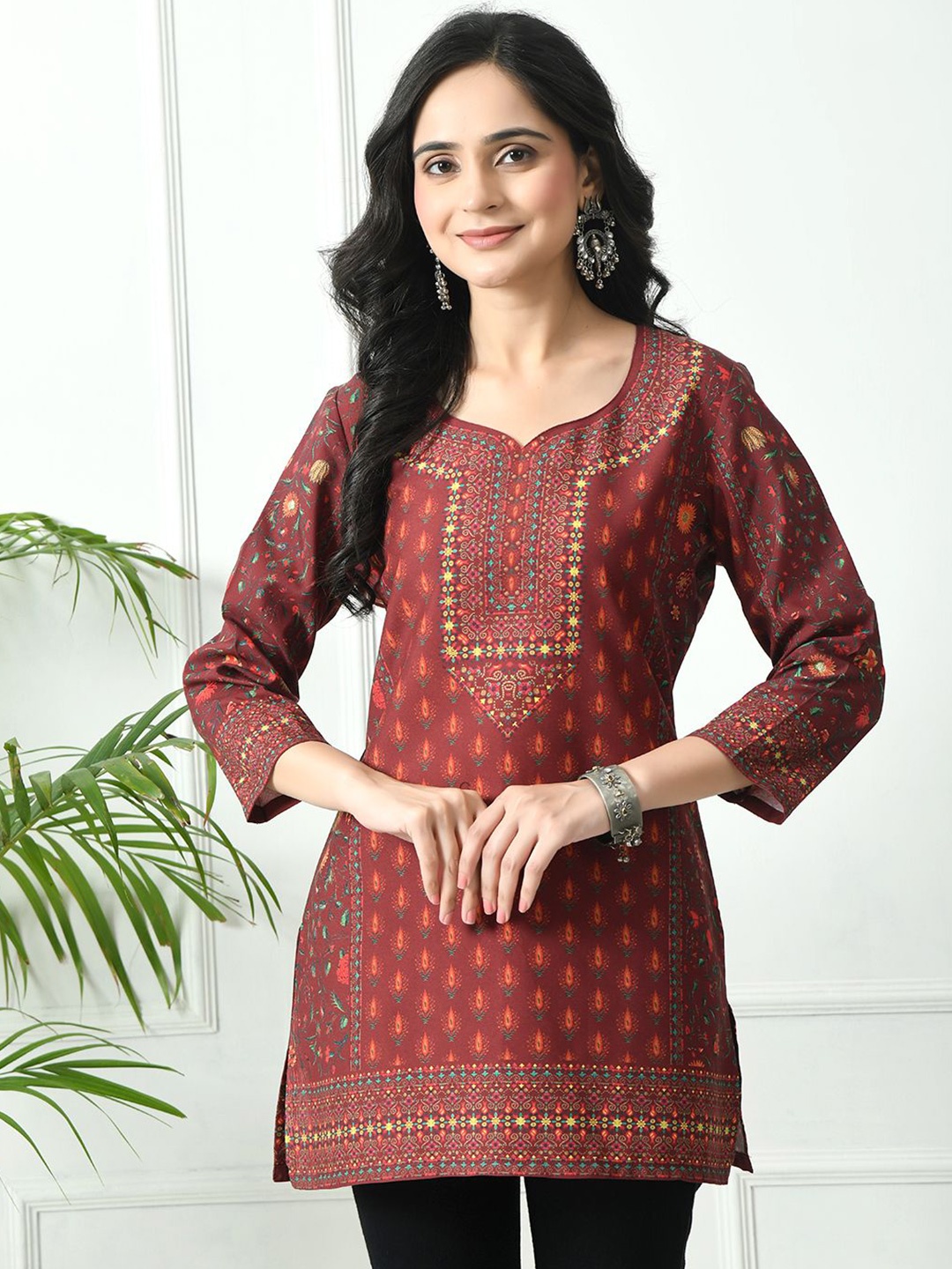 

MEESAN Printed Ethnic Tunic, Maroon