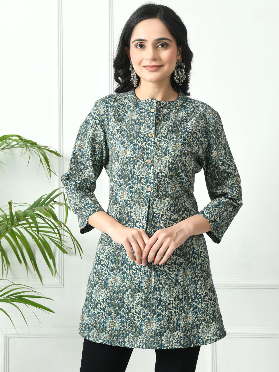 

MEESAN Mandarin Collar Printed Tunic, Blue