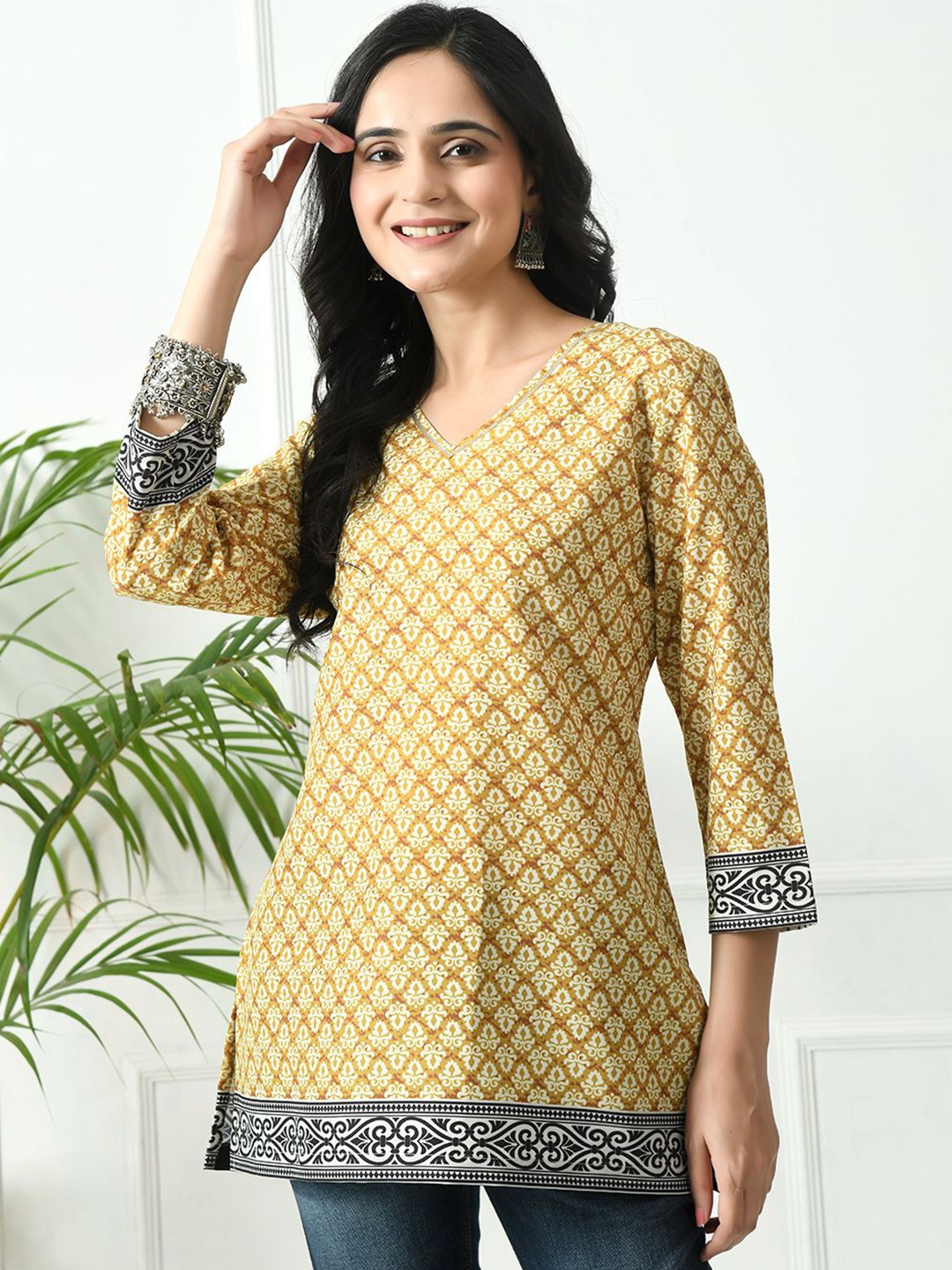 

MEESAN Floral Printed V-Neck Kurti, Mustard