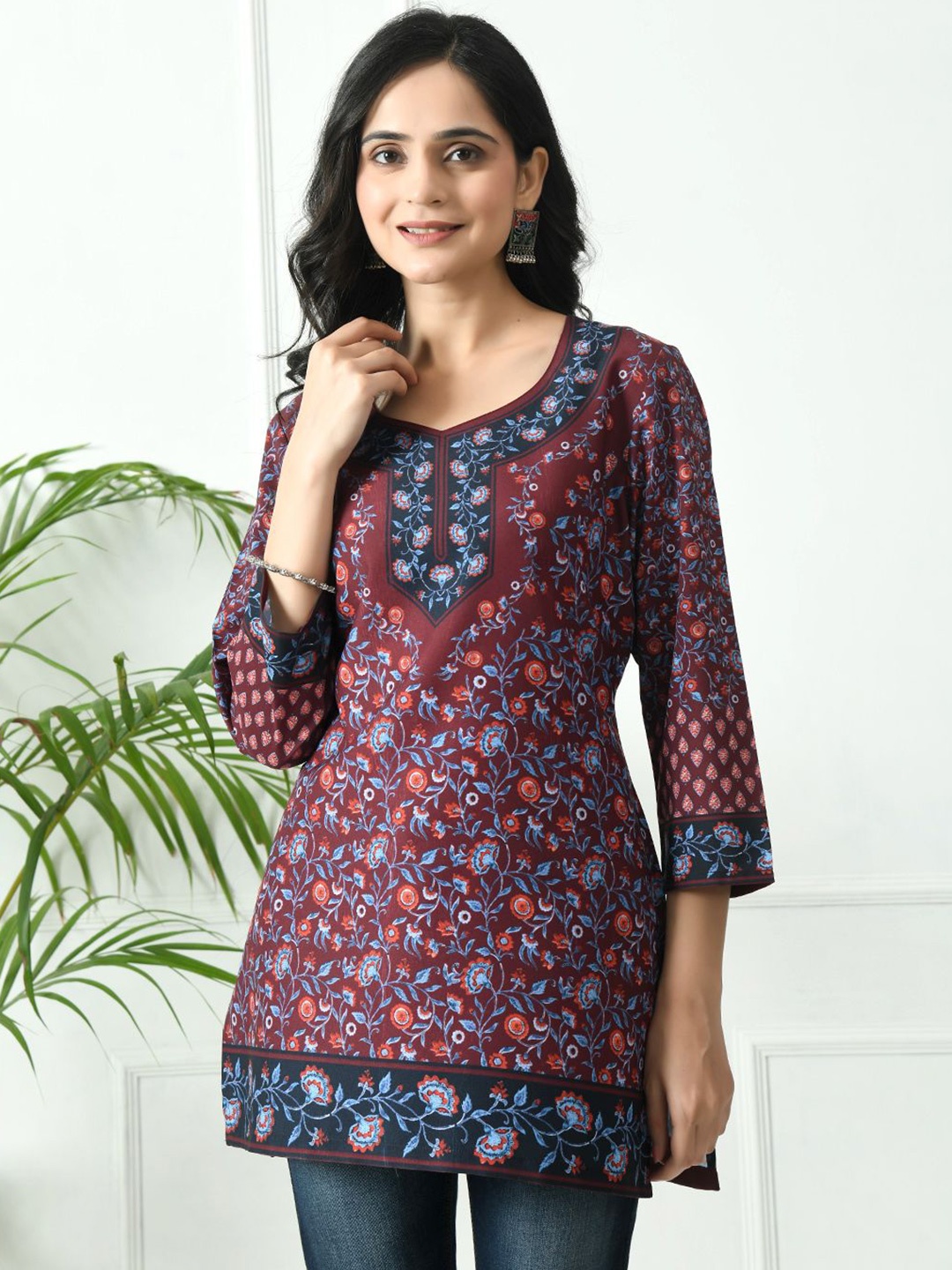 

MEESAN Floral Printed Straight Tunic, Maroon