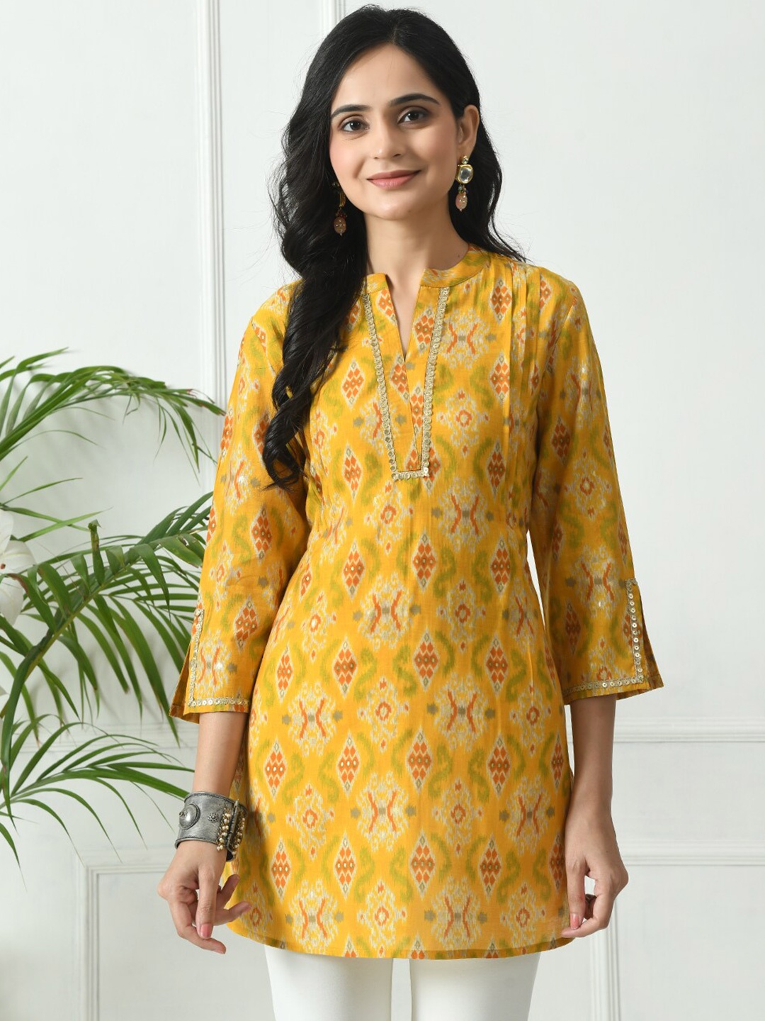 

MEESAN Ethnic Motifs Printed Gotta Patti Mandarin Collar Kurti, Mustard