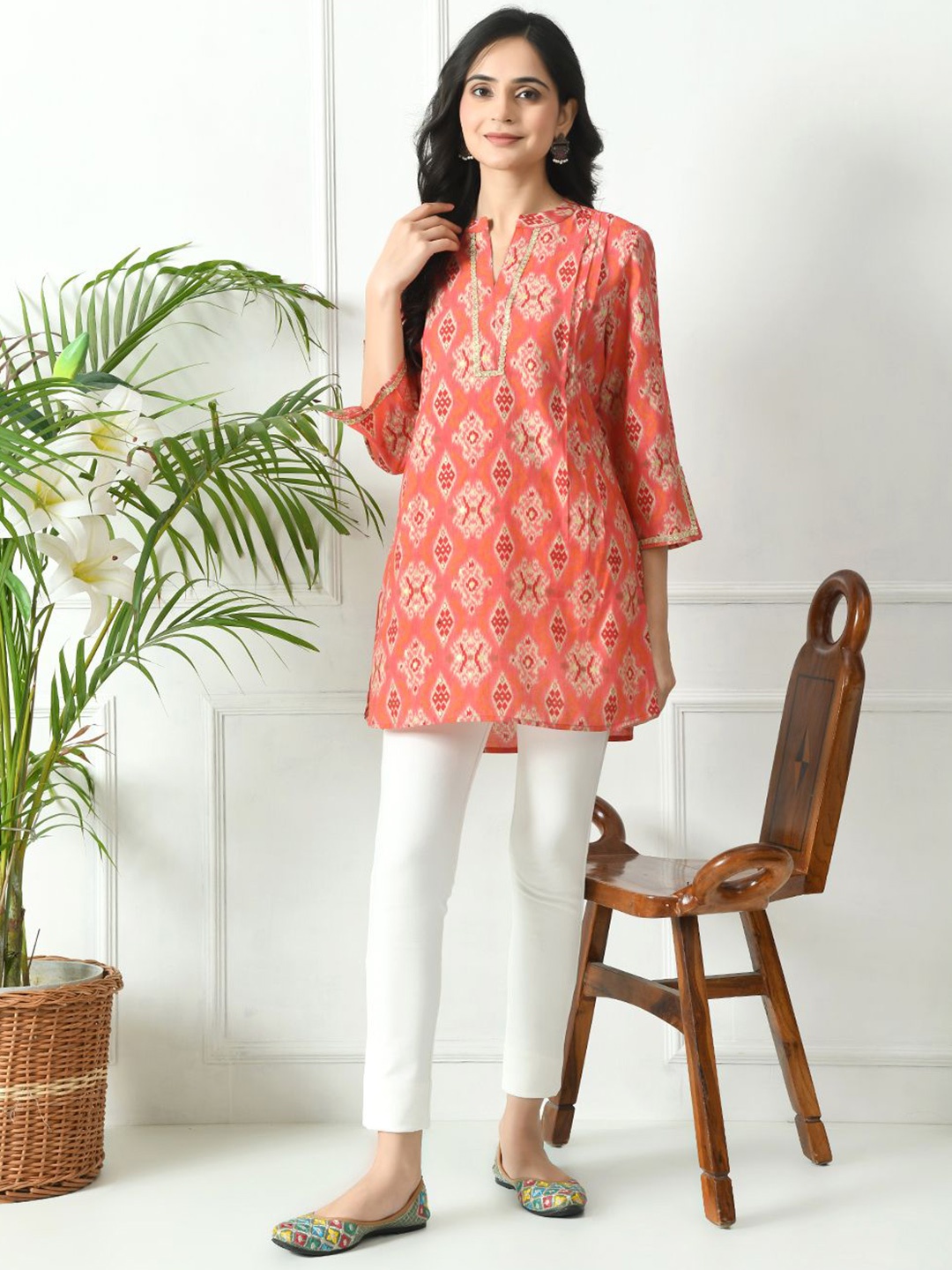 

MEESAN Ethnic Motifs Printed A-Line Kurti, Orange