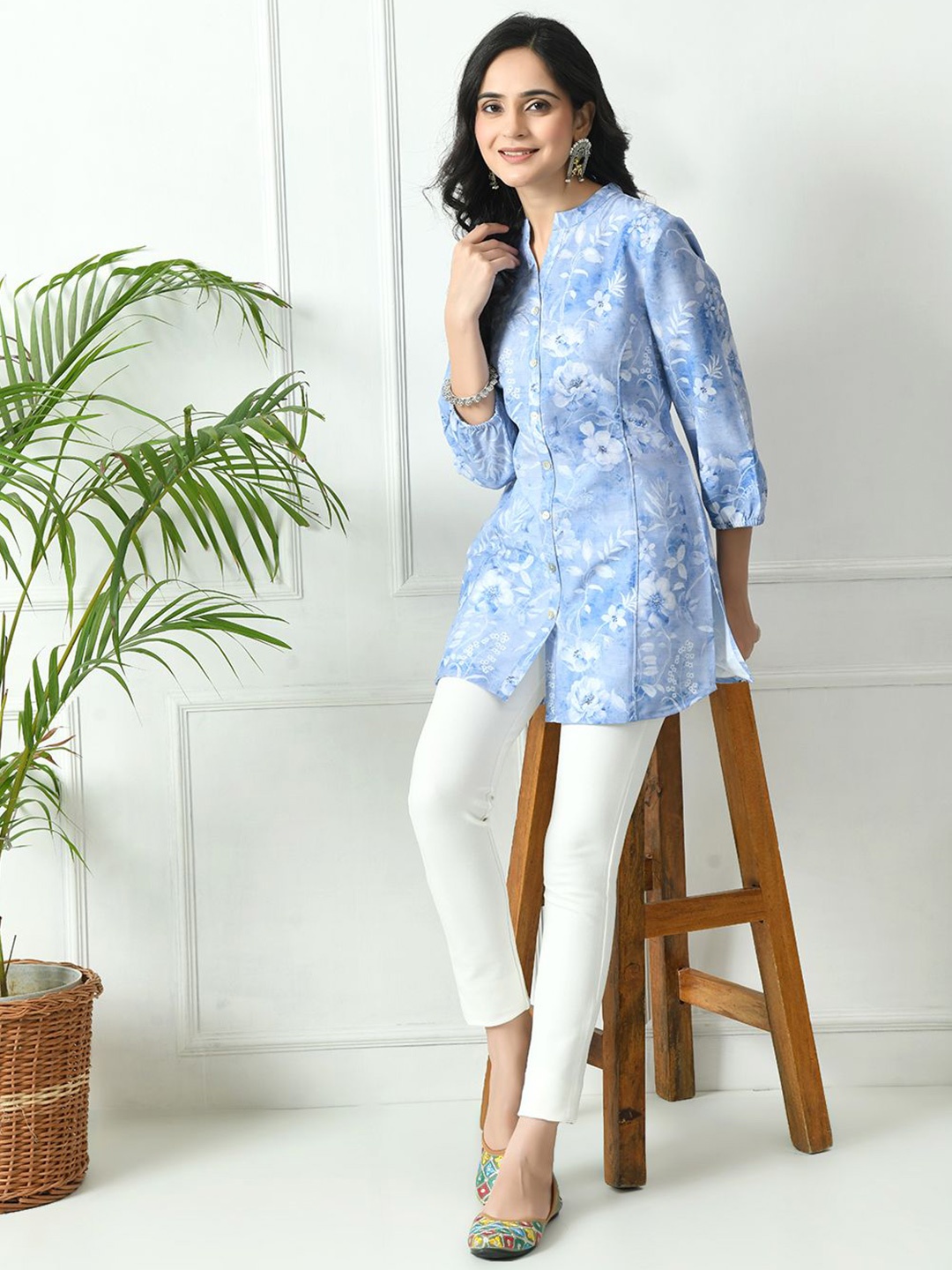 

MEESAN Mandarin Collar Printed Tunic, Blue