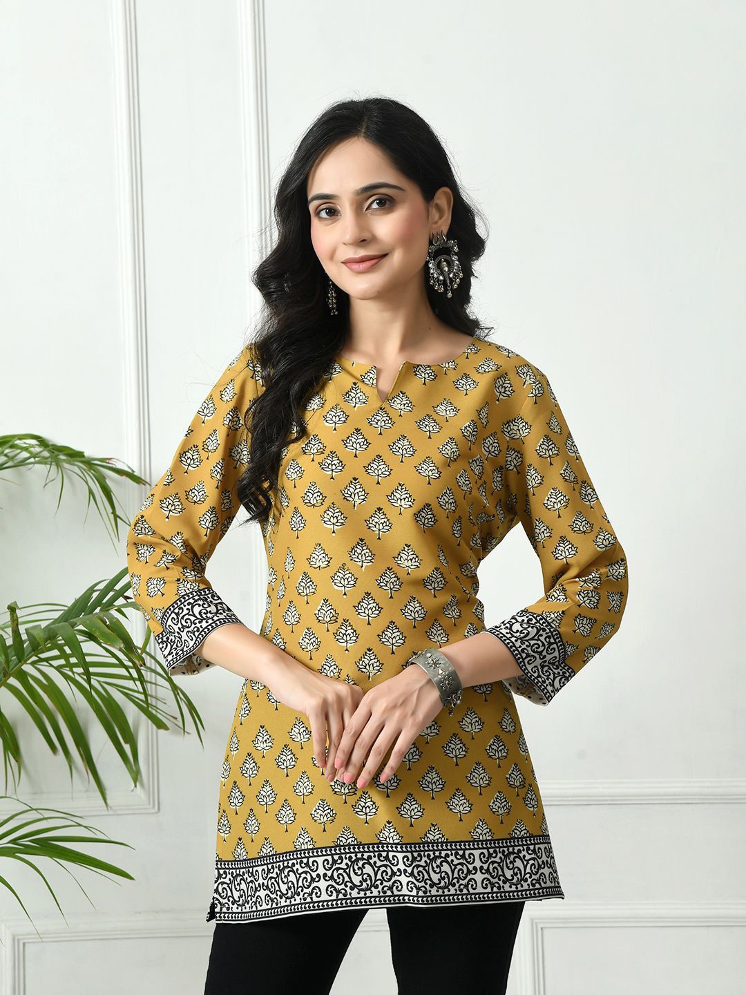 

MEESAN Ethnic Motifs Printed Round Neck Kurti, Mustard