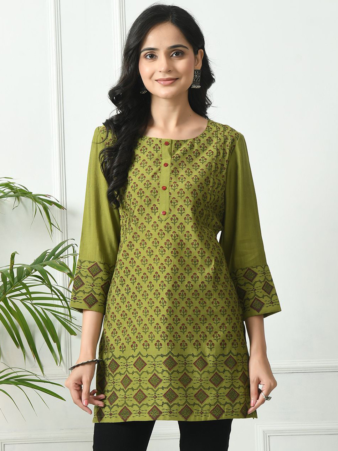 

MEESAN Printed Ethnic Tunic, Olive