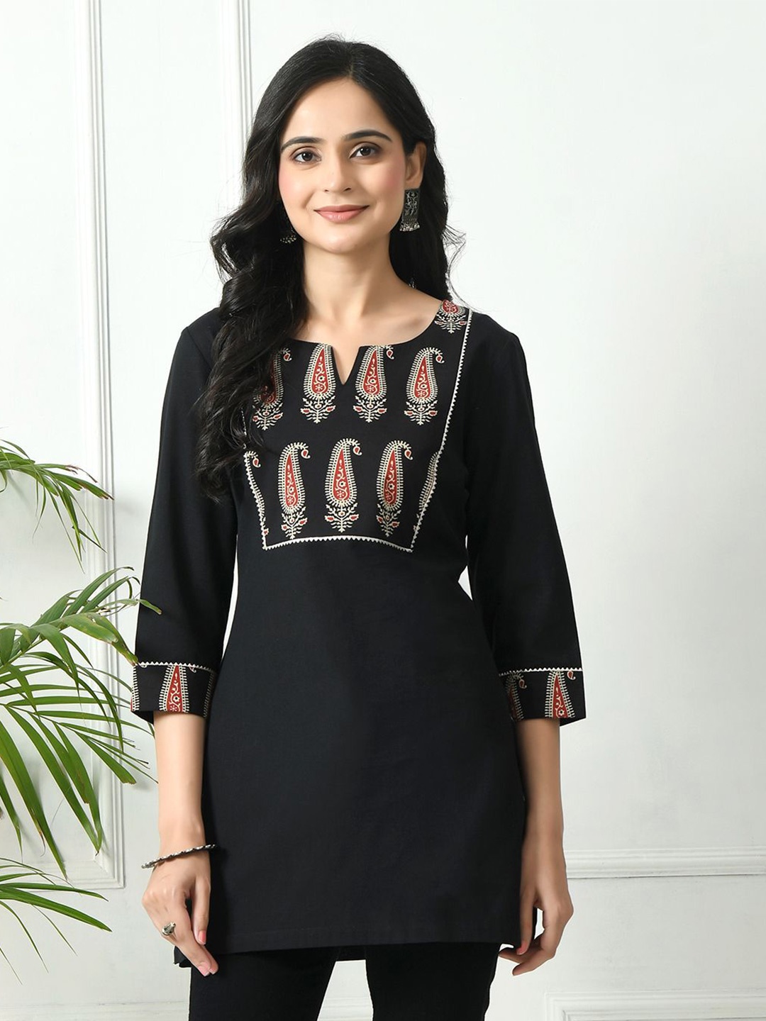 

MEESAN Ethnic Motifs Printed Notched Round Neck Kurtis, Black