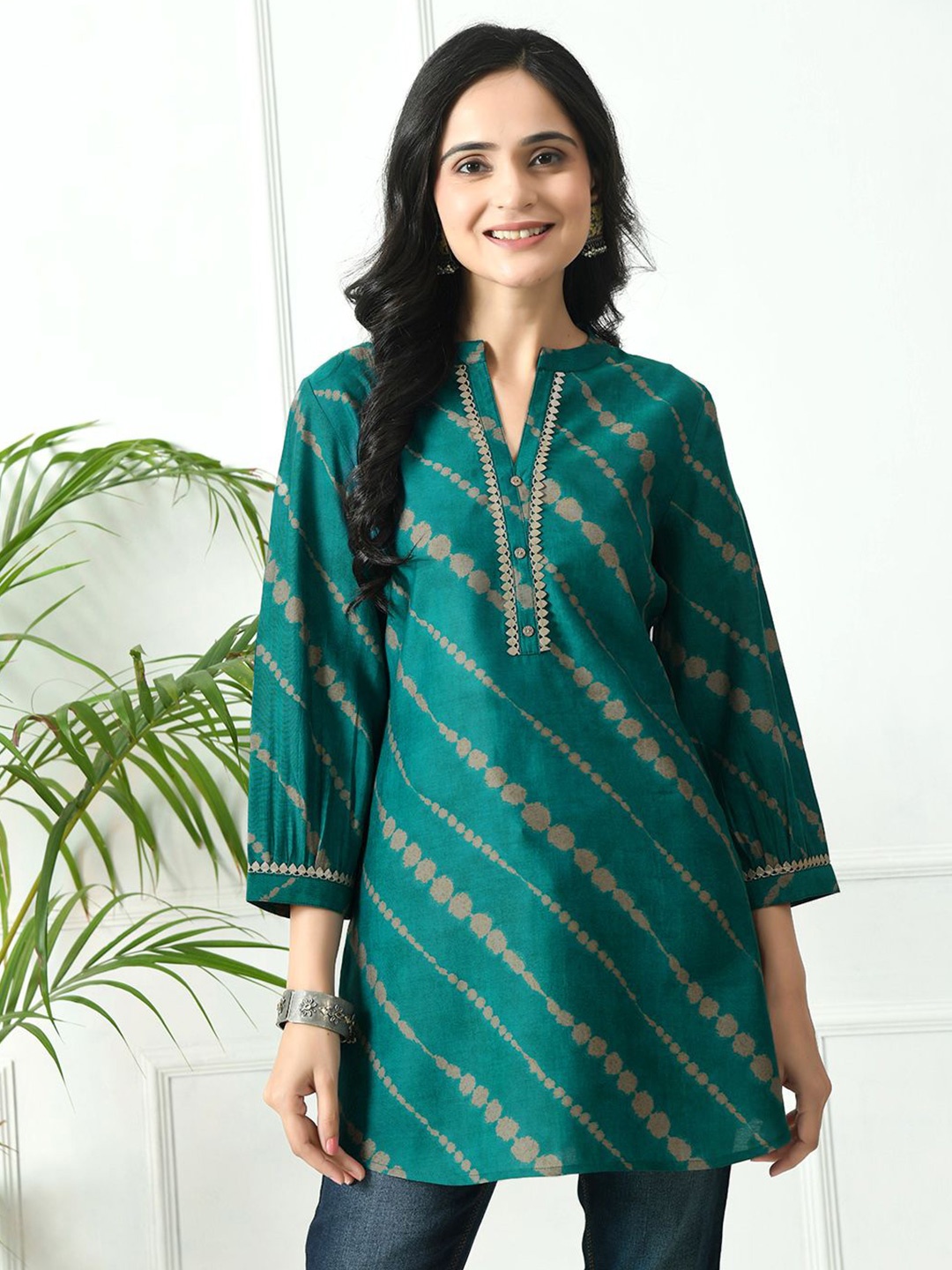 

MEESAN Modal Mandarin Collar Printed Tunic, Green