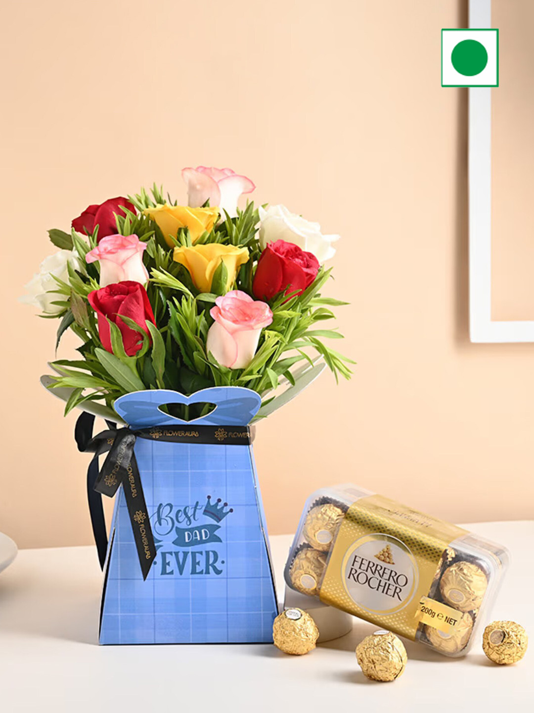 

Floweraura 10-Roses Fresh Live Flower Bouquet With Pack of 16 Chocolate, Multi