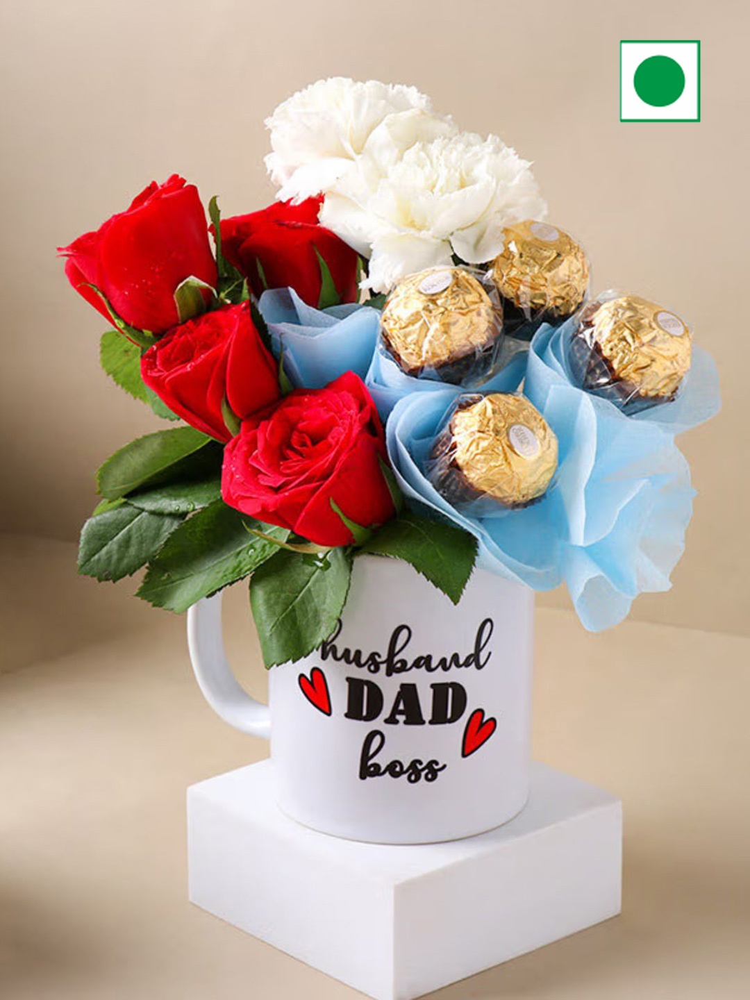 

Floweraura 4-Red Rose & 2-White Carnations Fresh Live Flowers With 4 Chocolates In Mug