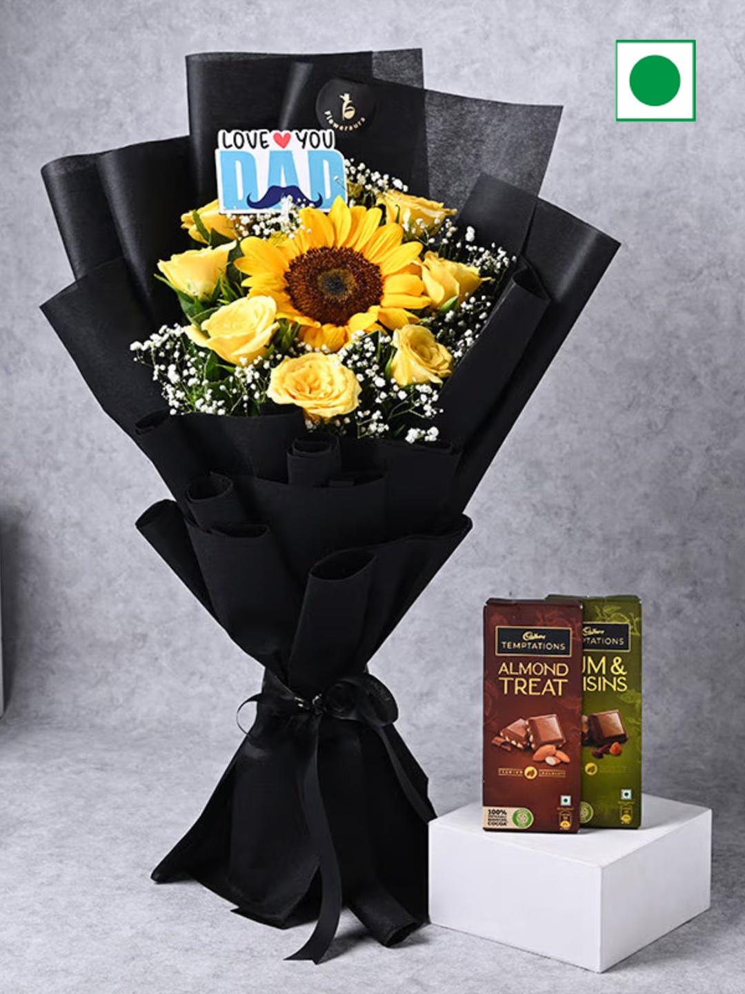 

Floweraura 8-Yellow Roses & 1-Sunflower Fresh Live Flowers Bouquet & Pack of 2 Chocolate