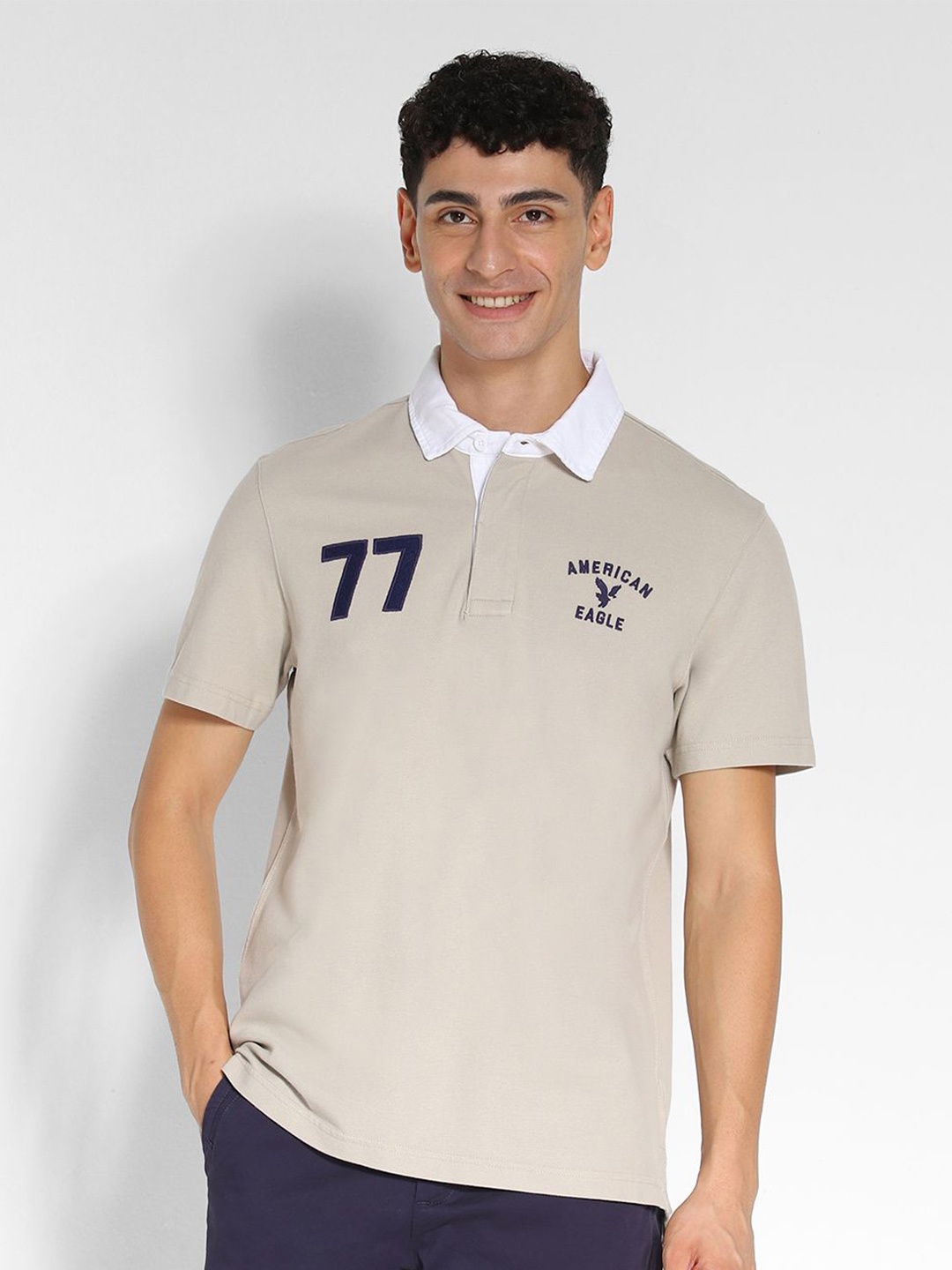 

AMERICAN EAGLE OUTFITTERS Men Polo Collar Varsity T-shirt, Grey
