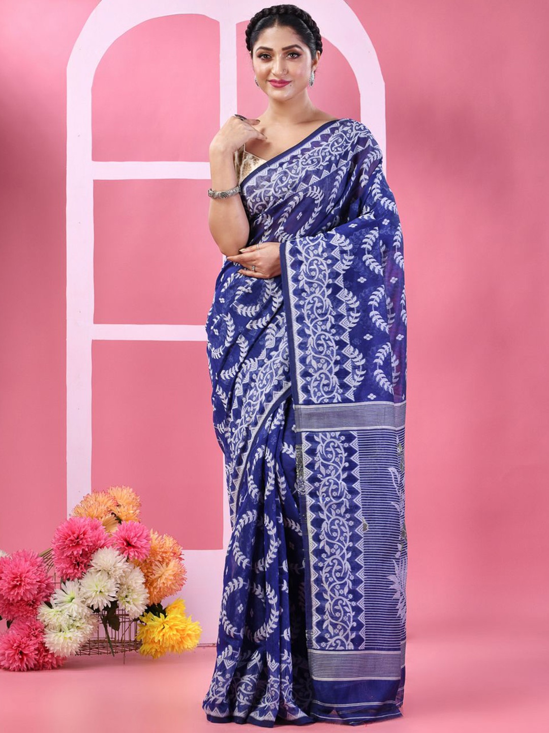 

TANTLOOM Ethnic Motifs Zari Jamdani Saree, Blue