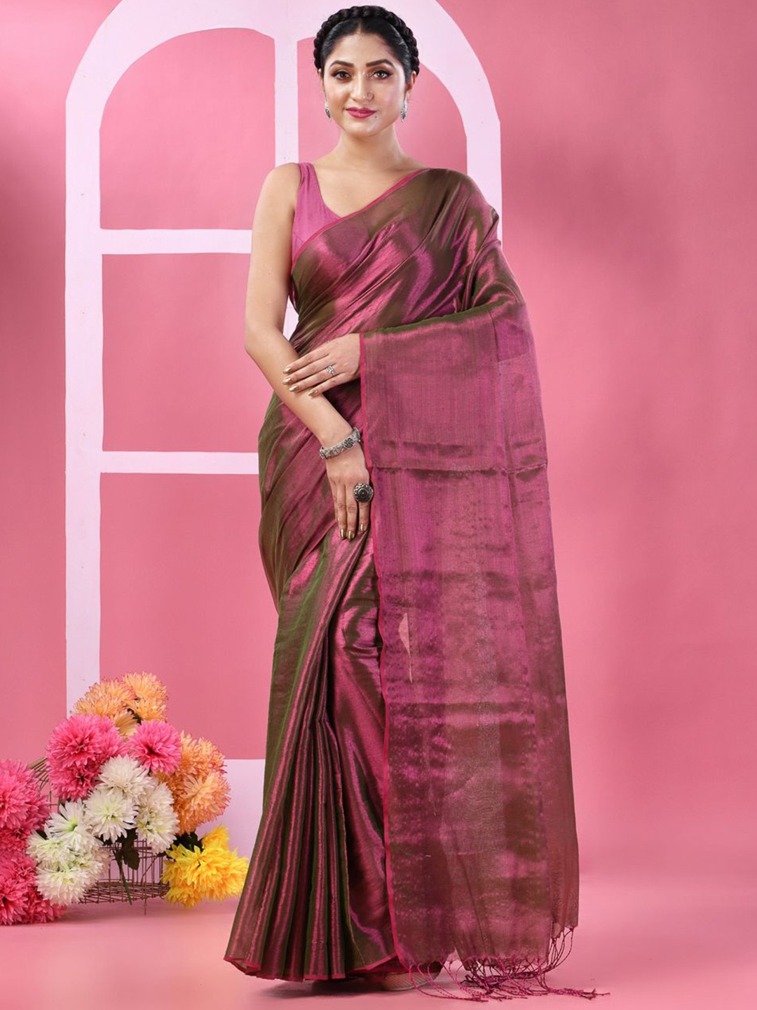 

TANTLOOM Solid Taant Saree, Pink