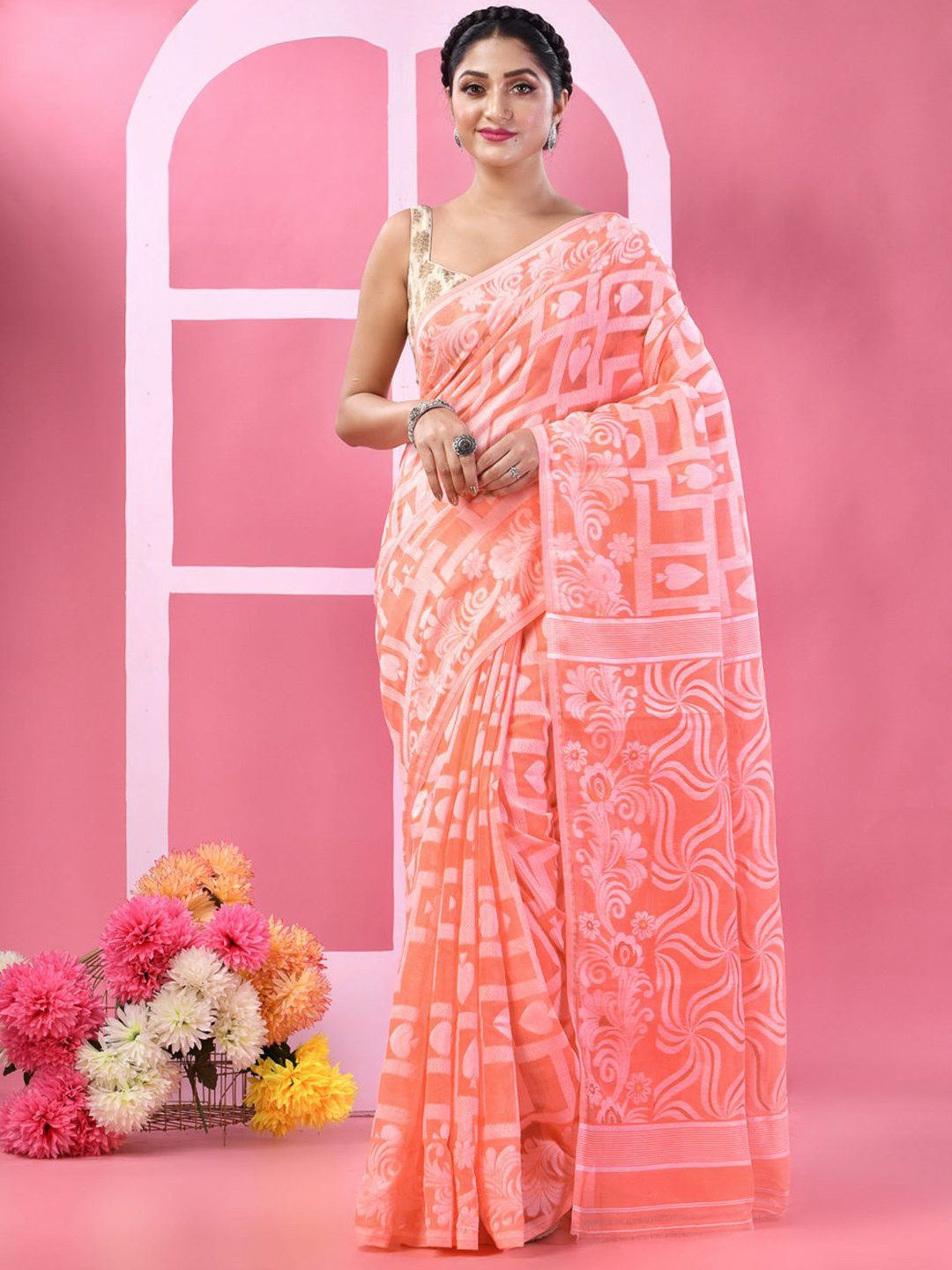 

TANTLOOM Ethnic Motifs Jamdani Saree, Pink