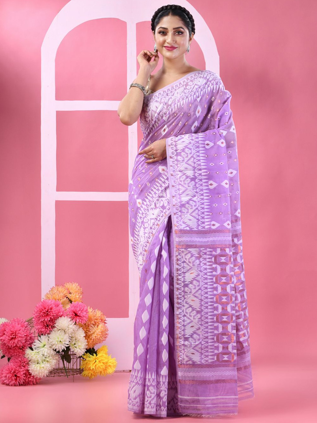 

TANTLOOM Woven Design Zari Jamdani Saree, Lavender