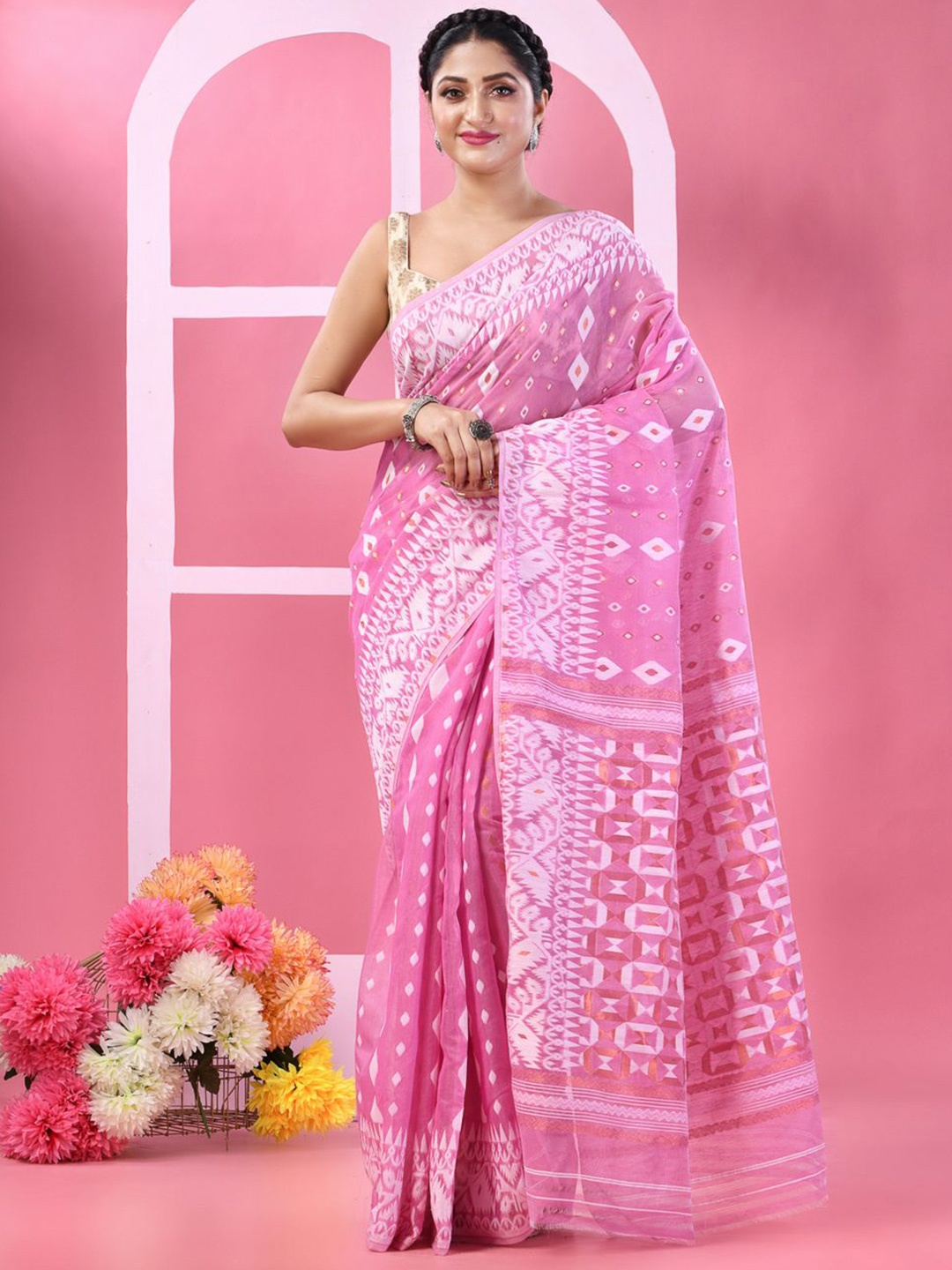 

TANTLOOM Ethnic Motifs Jamdani Saree, Pink